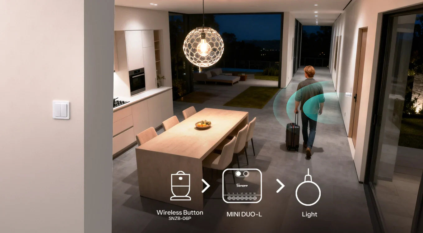 O Sonoff MINI-ZB2GS-L é um módulo inteligente ultracompacto de dois canais, concebido para modernizar instalações elétricas sem necessidade de fio neutro.