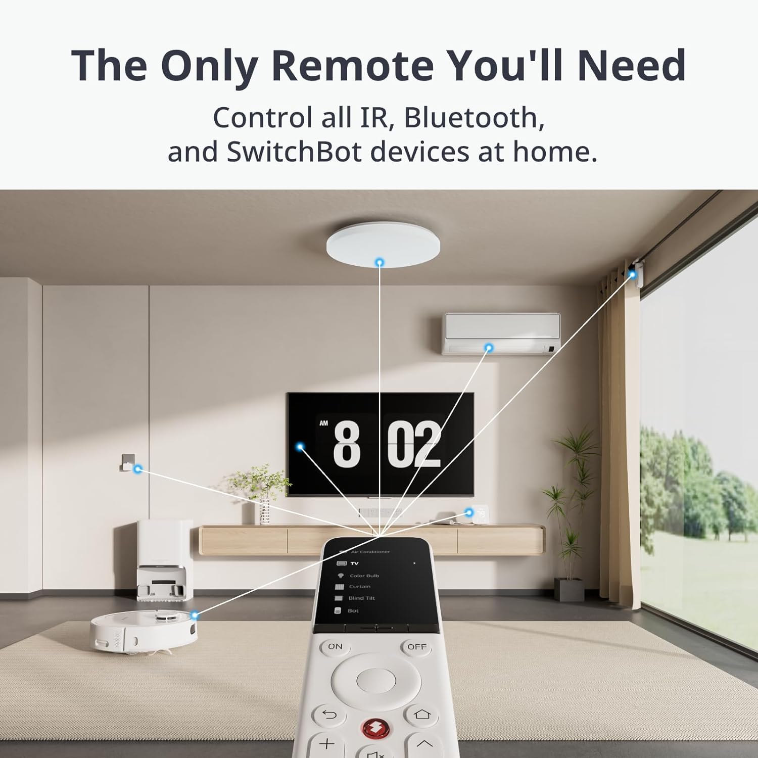 O SwitchBot Universal Remote é um controlo remoto inteligente e versátil, capaz de substituir até 25 comandos diferentes, permitindo controlar facilmente dispositivos infravermelhos como TVs, ar-condicionado, projetores e ventiladores, além de dispositivos Bluetooth como Apple TV, Fire TV e equipamentos da própria SwitchBot.