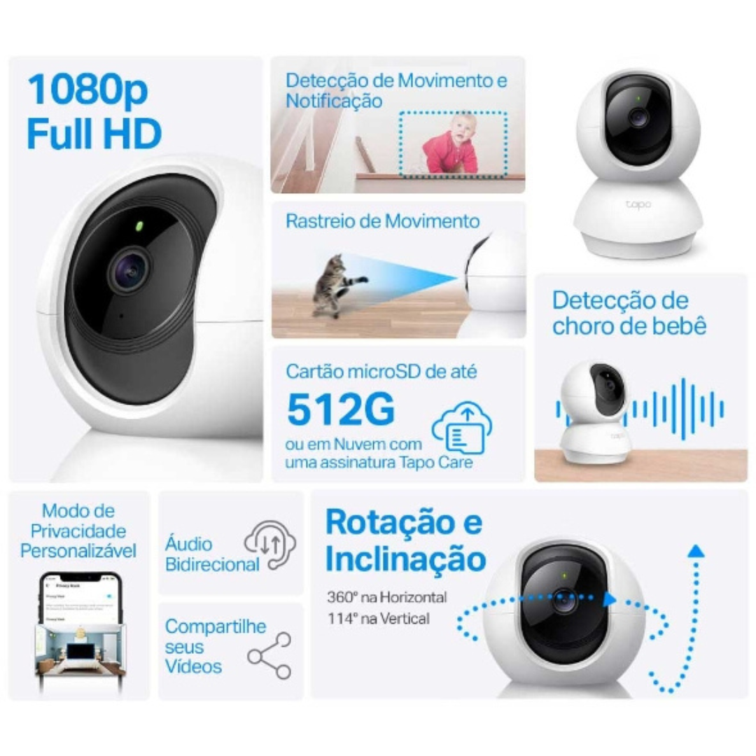 Câmara de vigilância inteligente TC70: consegues colocar um microsd de 512G e armazenar o equivalente a 1536 horas ou 64 dias de filmagem, entre varias outras funcionalidades.
