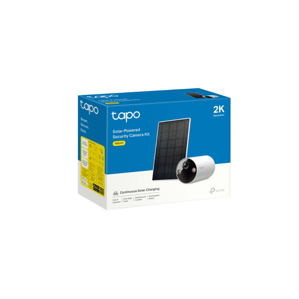 A câmara TP-Link Tapo TC82KIT é ideal para exterior, com certificação IP65 e imagem 2K 3MP (2304 x 1296 px). Oferece visão noturna a cores com sensor Starlight e lente F1.65, garantindo nitidez mesmo com pouca luz.