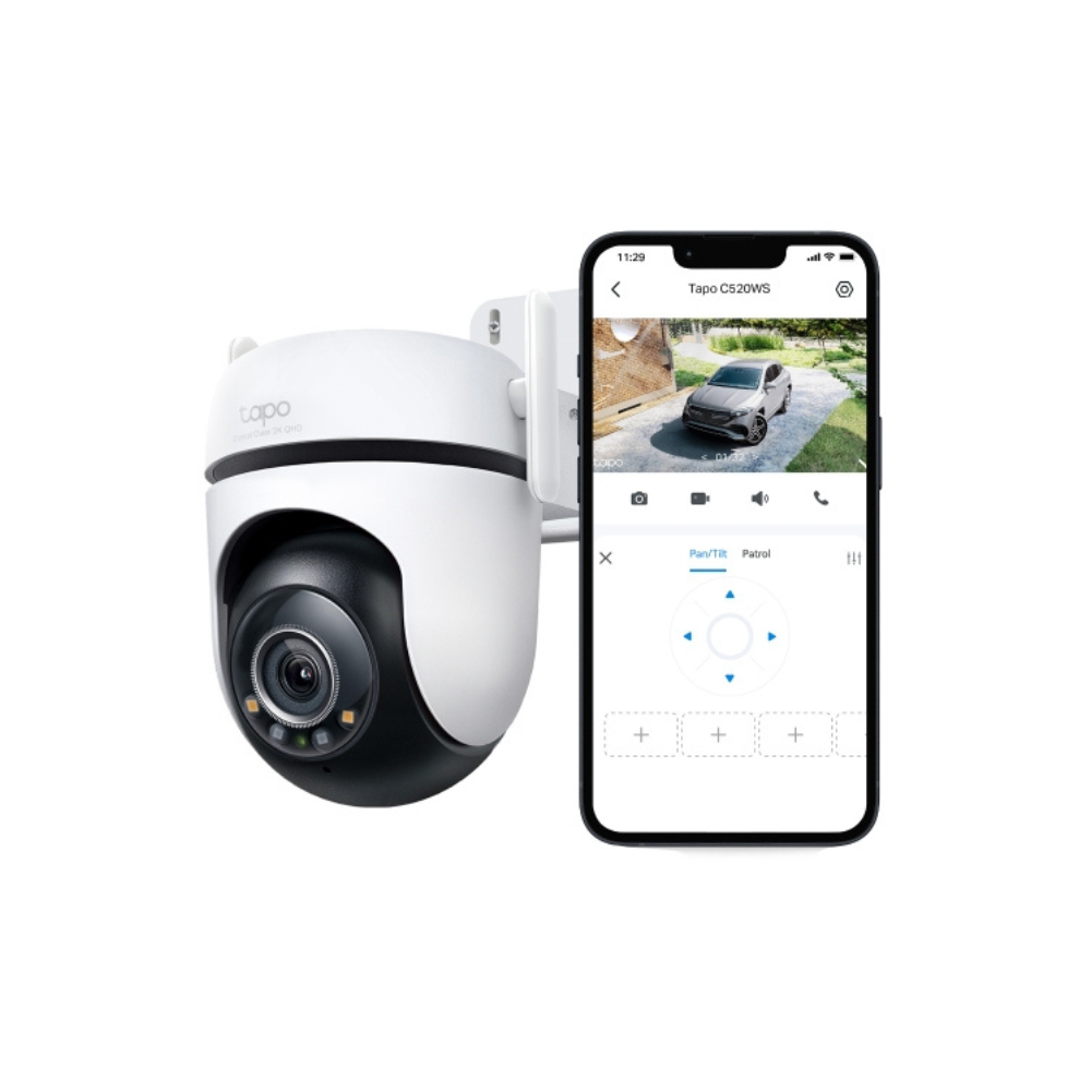 A câmara TP-Link Tapo C520WS é ideal para exterior, com certificação IP66 e imagem 2K QHD (2560×1440). Oferece visão noturna a cores com sensor Starlight e lente F1.6, garantindo nitidez mesmo com pouca luz.