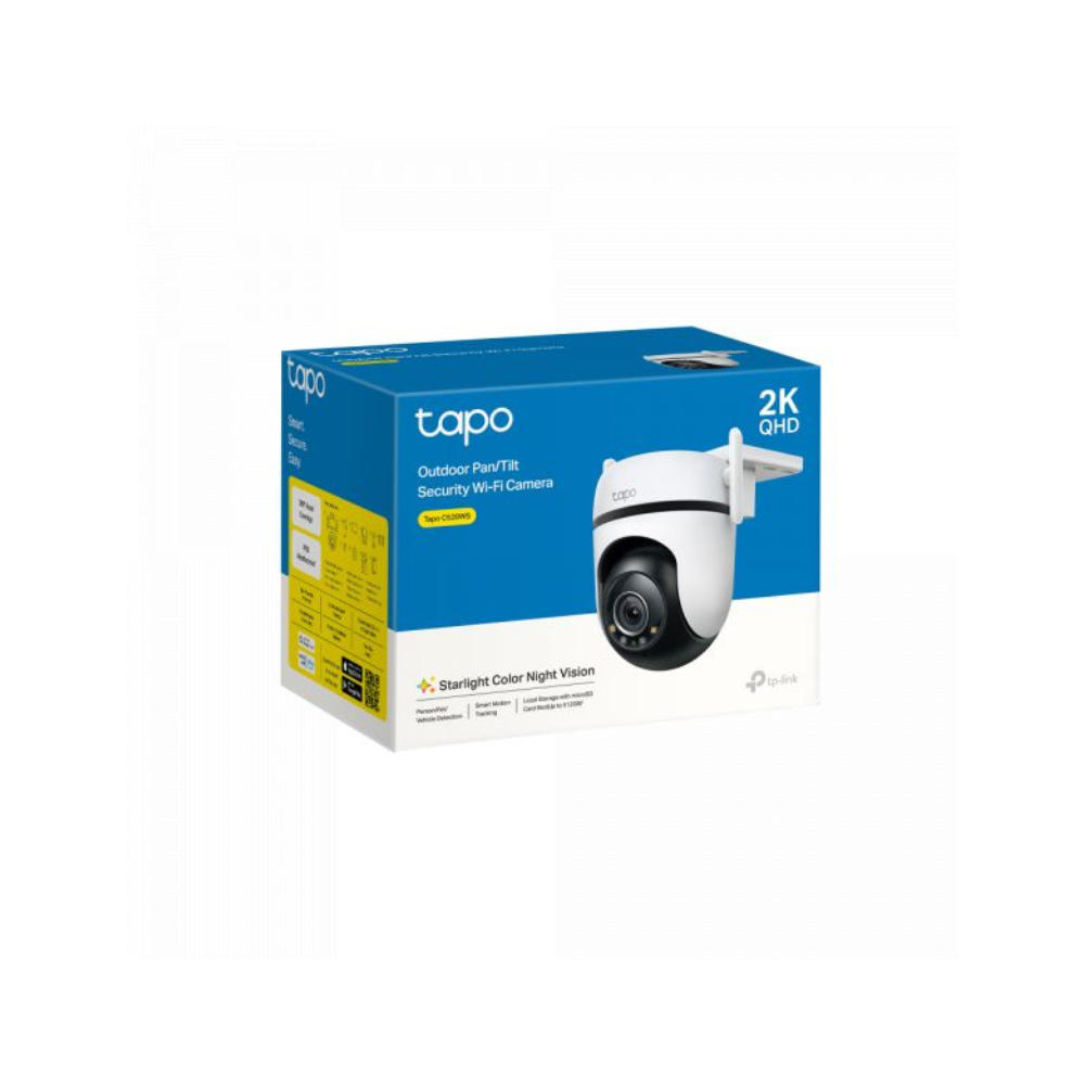A câmara TP-Link Tapo C520WS é ideal para exterior, com certificação IP66 e imagem 2K QHD (2560×1440). Oferece visão noturna a cores com sensor Starlight e lente F1.6, garantindo nitidez mesmo com pouca luz.