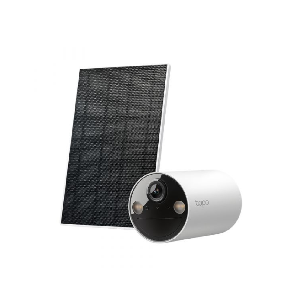 A câmara TP-Link Tapo TC82KIT é ideal para exterior, com certificação IP65 e imagem 2K 3MP (2304 x 1296 px). Oferece visão noturna a cores com sensor Starlight e lente F1.65, garantindo nitidez mesmo com pouca luz.