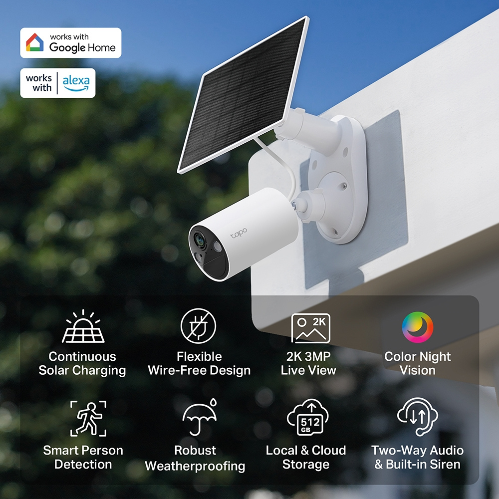 A câmara TP-Link Tapo TC82KIT é ideal para exterior, com certificação IP65 e imagem 2K 3MP (2304 x 1296 px). Oferece visão noturna a cores com sensor Starlight e lente F1.65, garantindo nitidez mesmo com pouca luz.