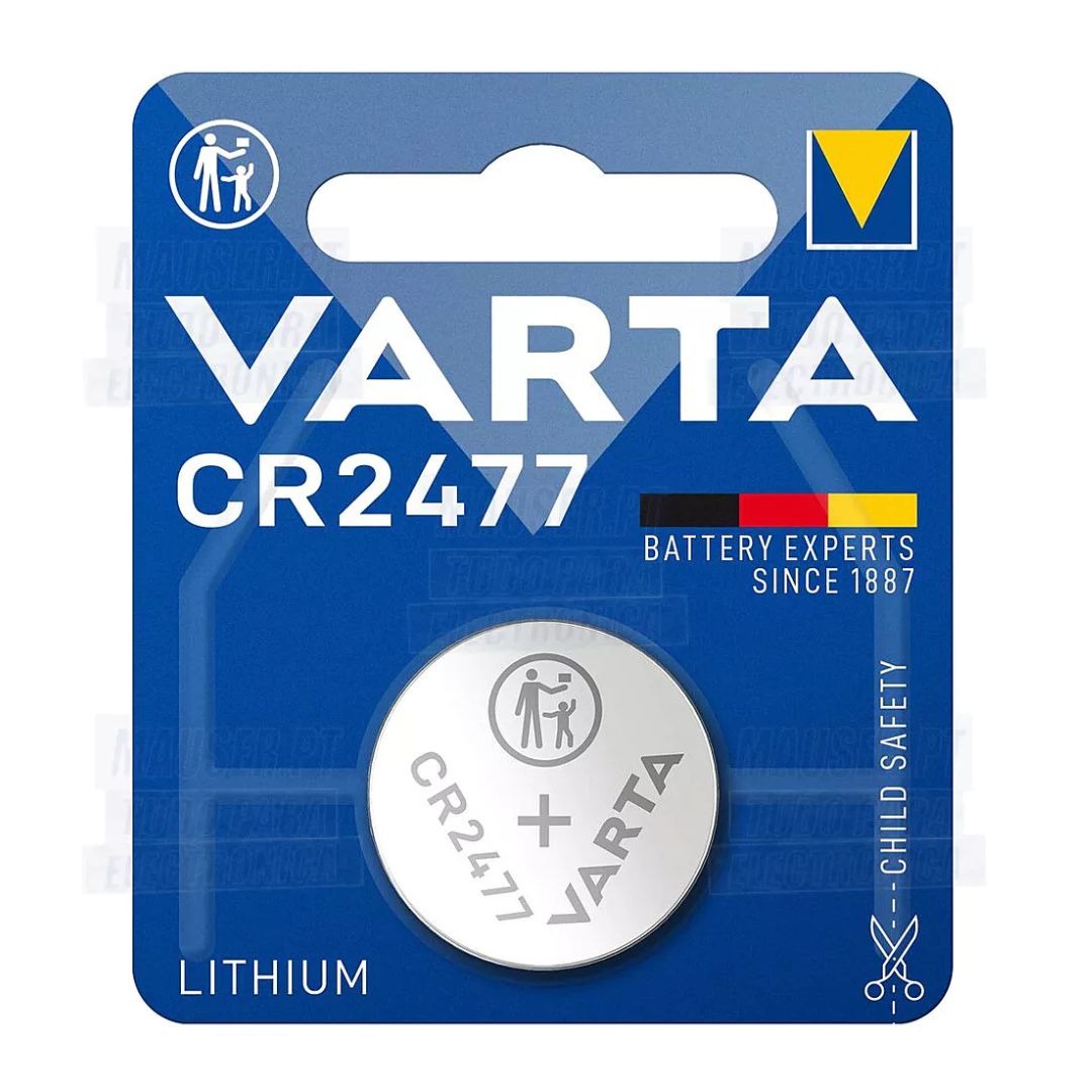 Pilha de lítio tipo botão CR2477 da Varta com 3V e 850mAh, ideal para sensores, relógios e dispositivos médicos.