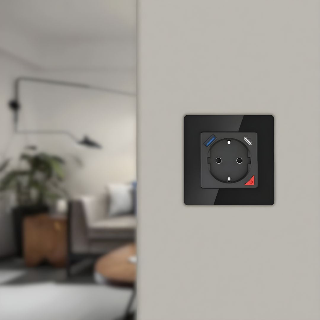 Tomada Inteligente com USB-C e USB-A (Smart socket) com capacidade de 16 Amperes em Preto,