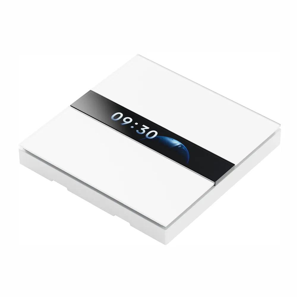 Interruptor de parede com ecrã LCD de 2,08″ e quatro botões personalizáveis para circuitos, suporta cargas até 8 A e permite acionamento e cenas de forma intuitiva.