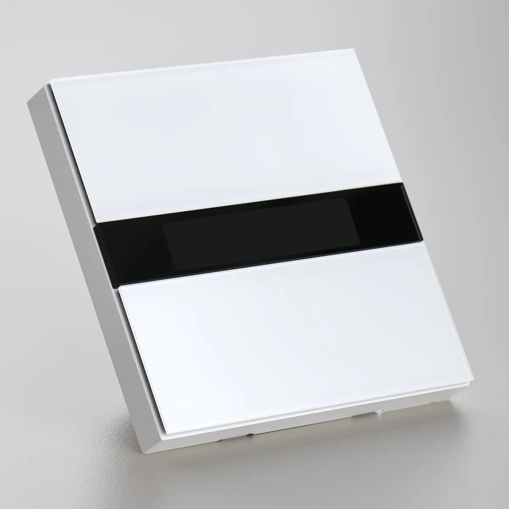 Interruptor de parede com ecrã LCD de 2,08″ e quatro botões personalizáveis para circuitos, suporta cargas até 8 A e permite acionamento e cenas de forma intuitiva.