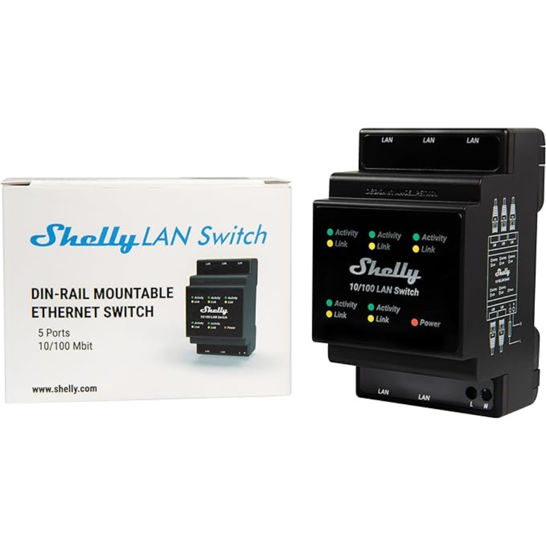 Shelly LAN Switch de 5 portas: caixa e produto com tamanho compacto.