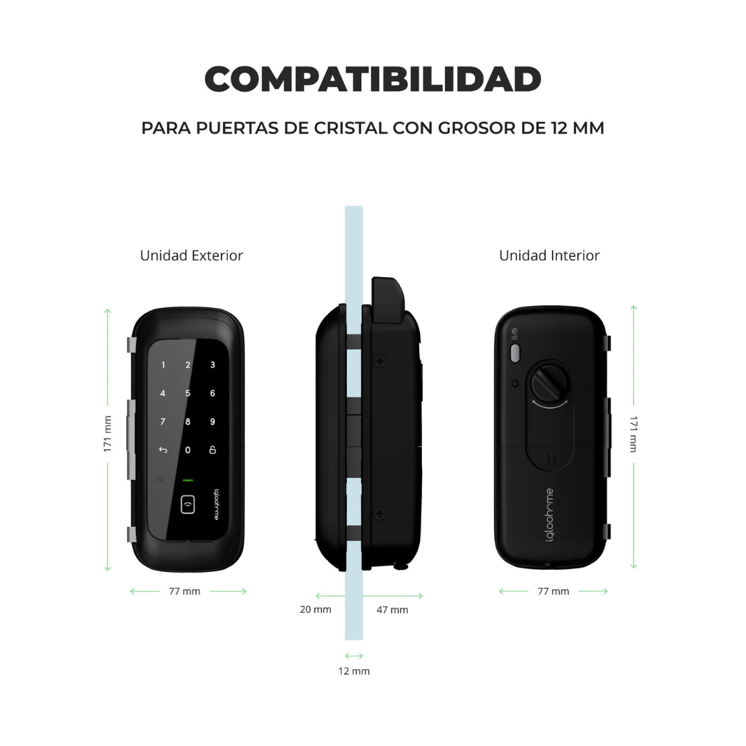Fechadura inteligente Glaas do rim lock igloohome:  Compatibilidade com portas de vidro 12 mm.