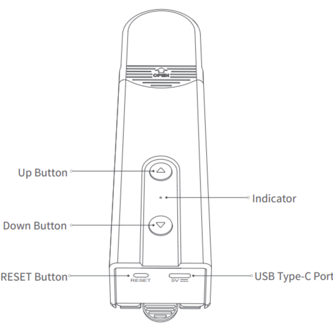 motorizado inteligente c/ bateria para estores: botões de indicação para uso.