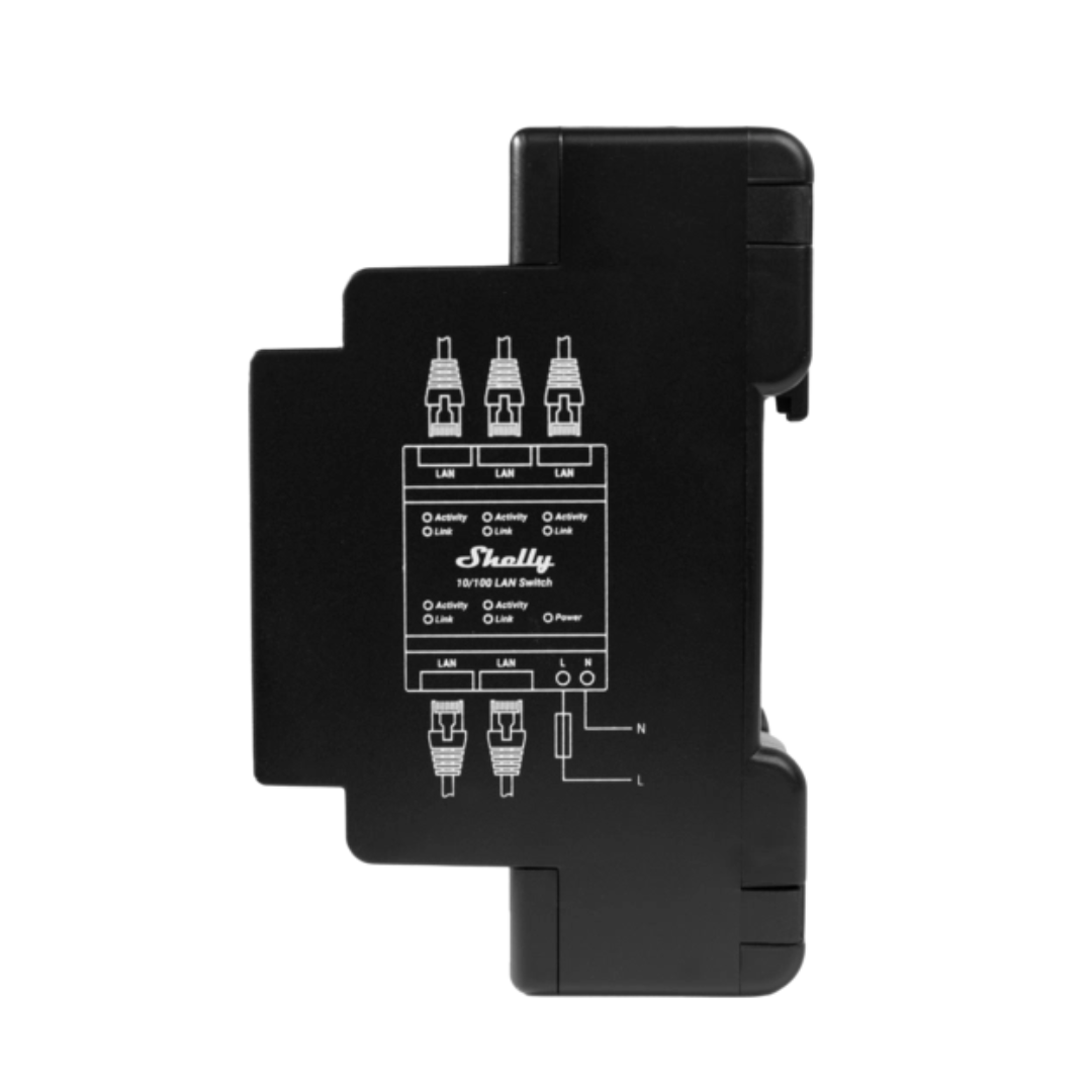 Shelly LAN Switch de 5 portas: instruções laterais de montagem.