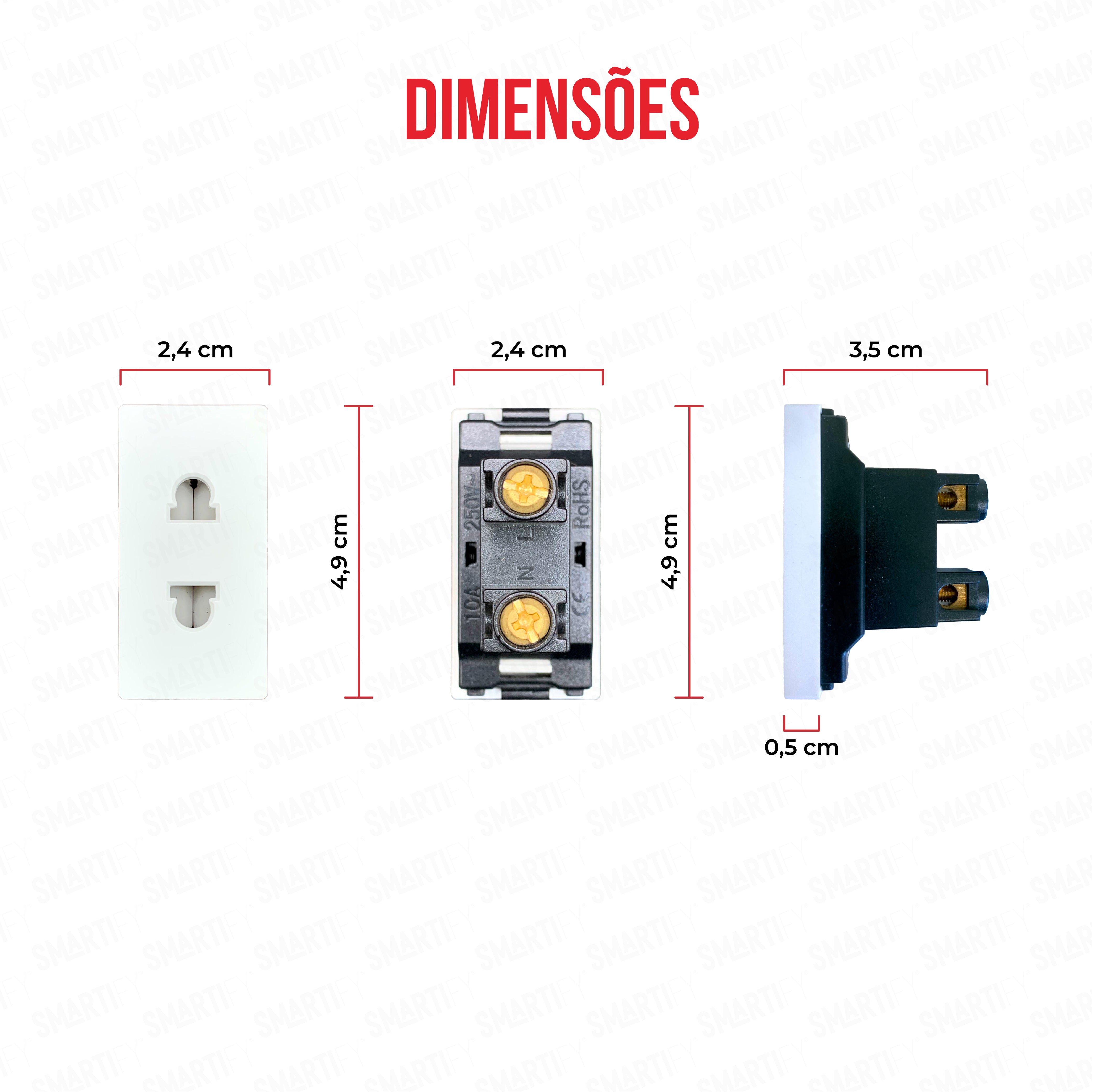 Meio Módulo 2PIN Branco – imagem exibindo as dimensões do produto, destacando seu design compacto.