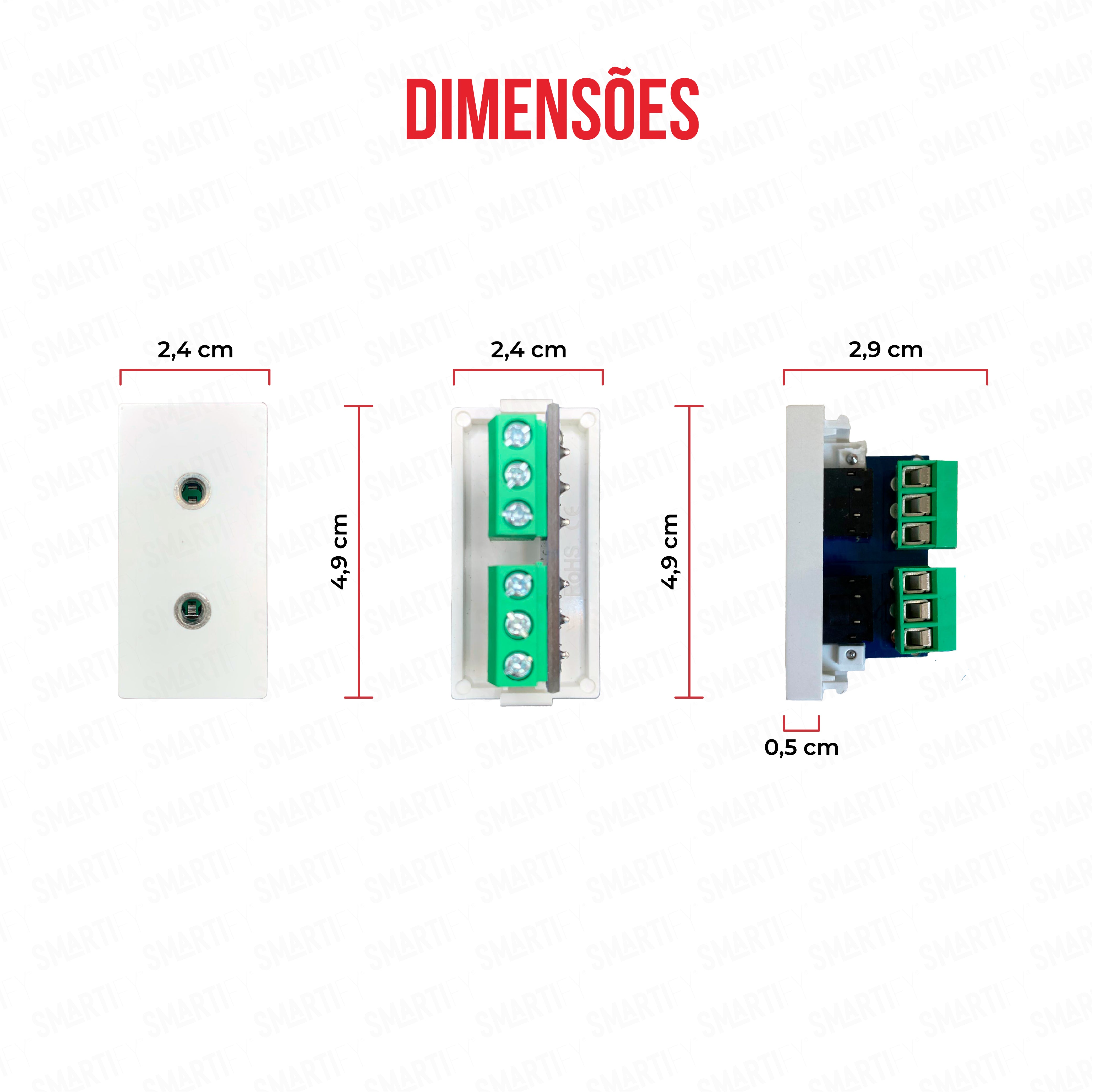 Smartify vPRO Meio Módulo P2 AuxJack Branco - imagem exibindo as dimensões do produto, destacando seu design compacto.