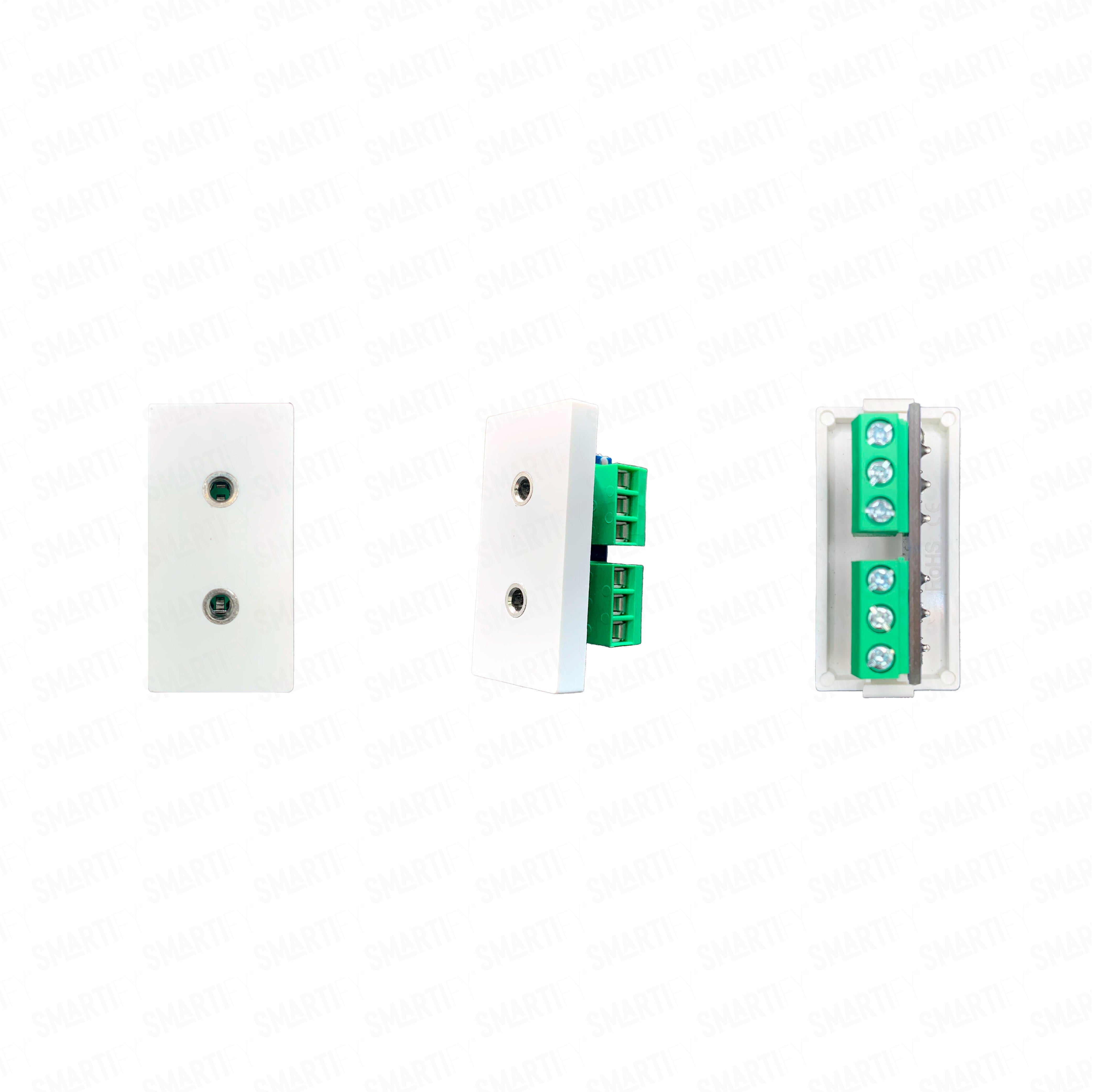 Smartify vPRO Meio Módulo P2 AuxJack Branco – imagem exibindo três ângulos do dispositivo, destacando seu design compacto.