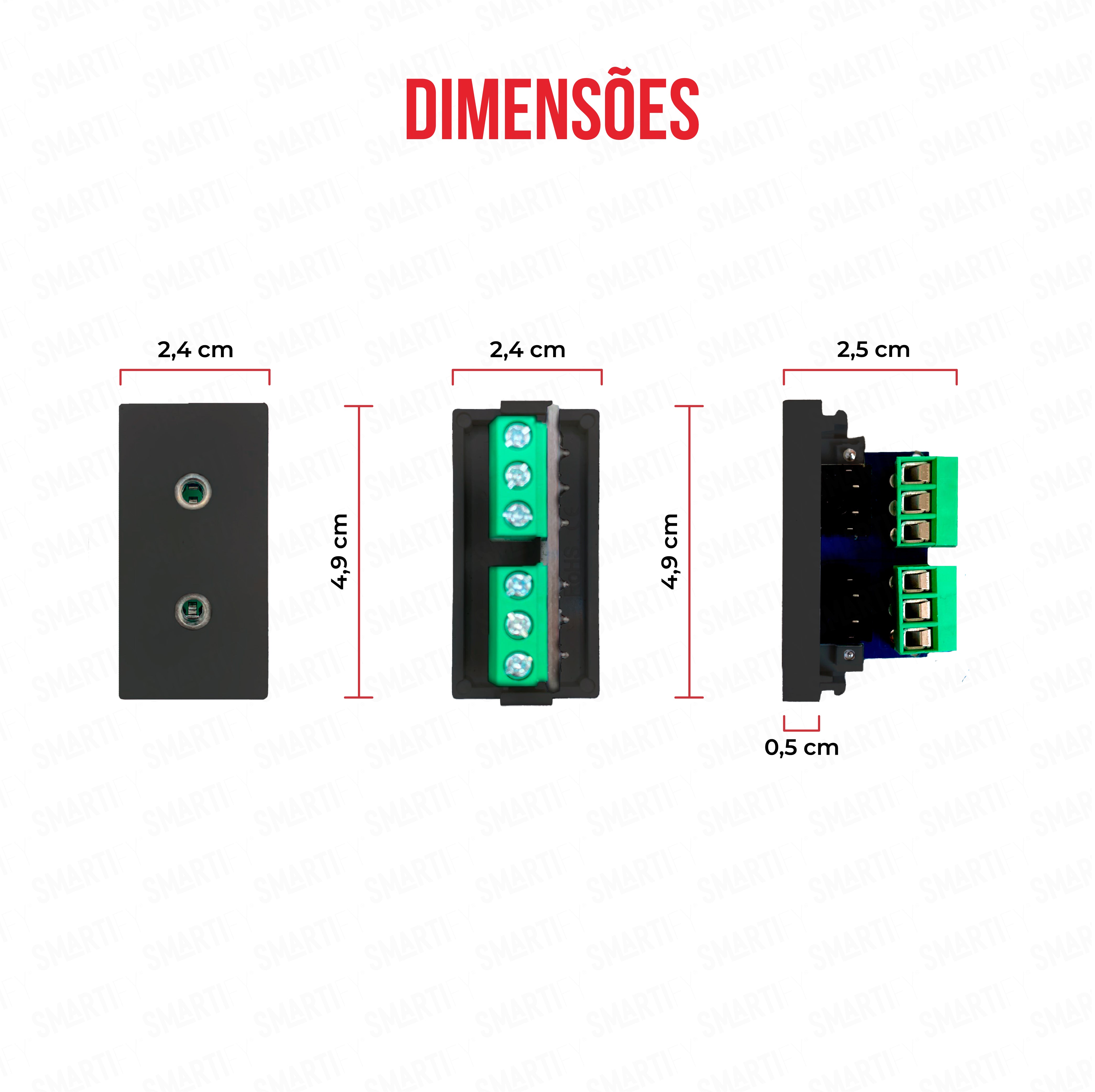 Smartify vPRO Meio Módulo P2 AuxJack Preto - imagem exibindo as dimensões do produto, destacando seu design compacto.