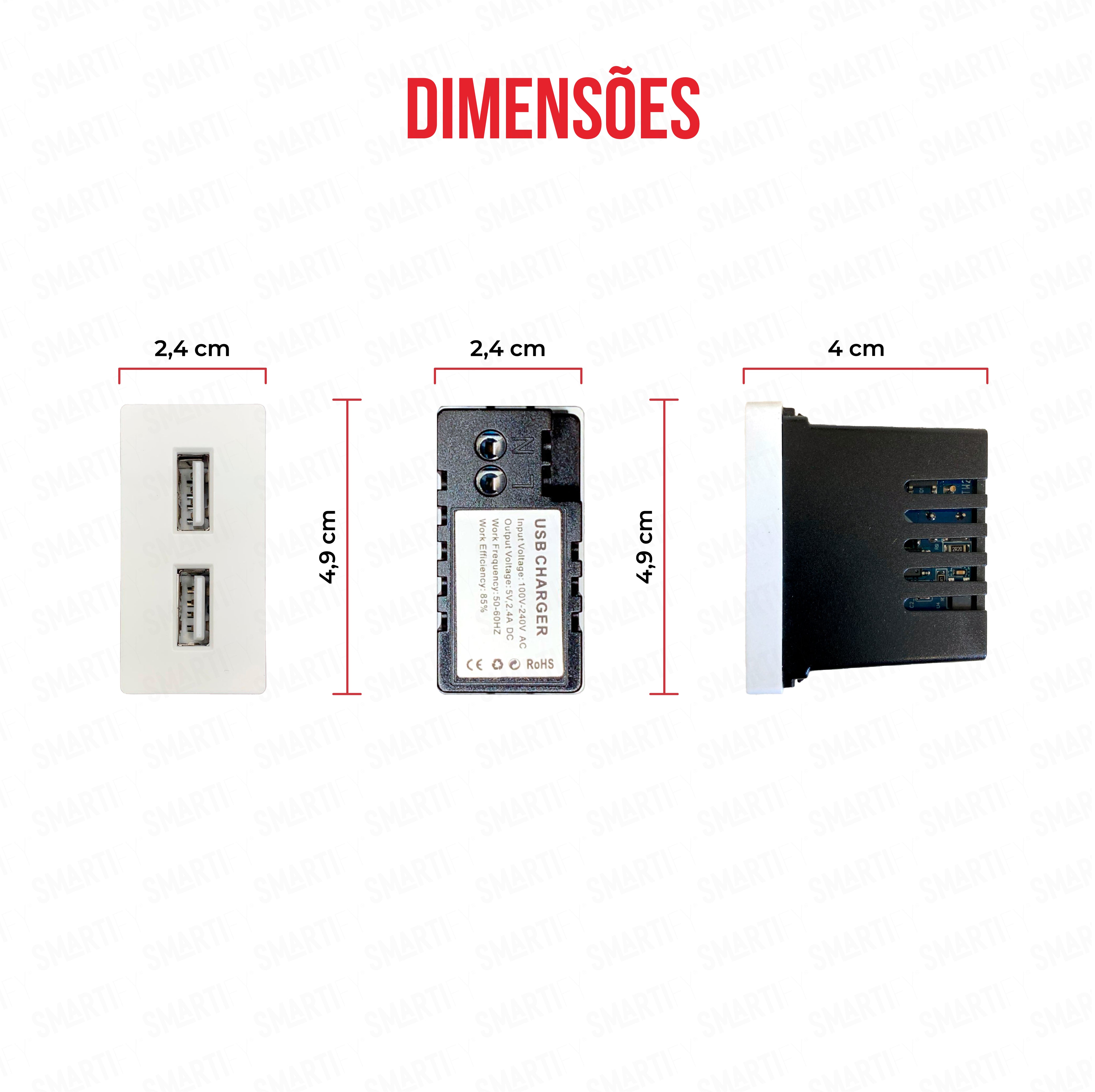 Meio Módulo USB-A 2.4A Branco – imagem exibindo as dimensões do produto, destacando seu design compacto.