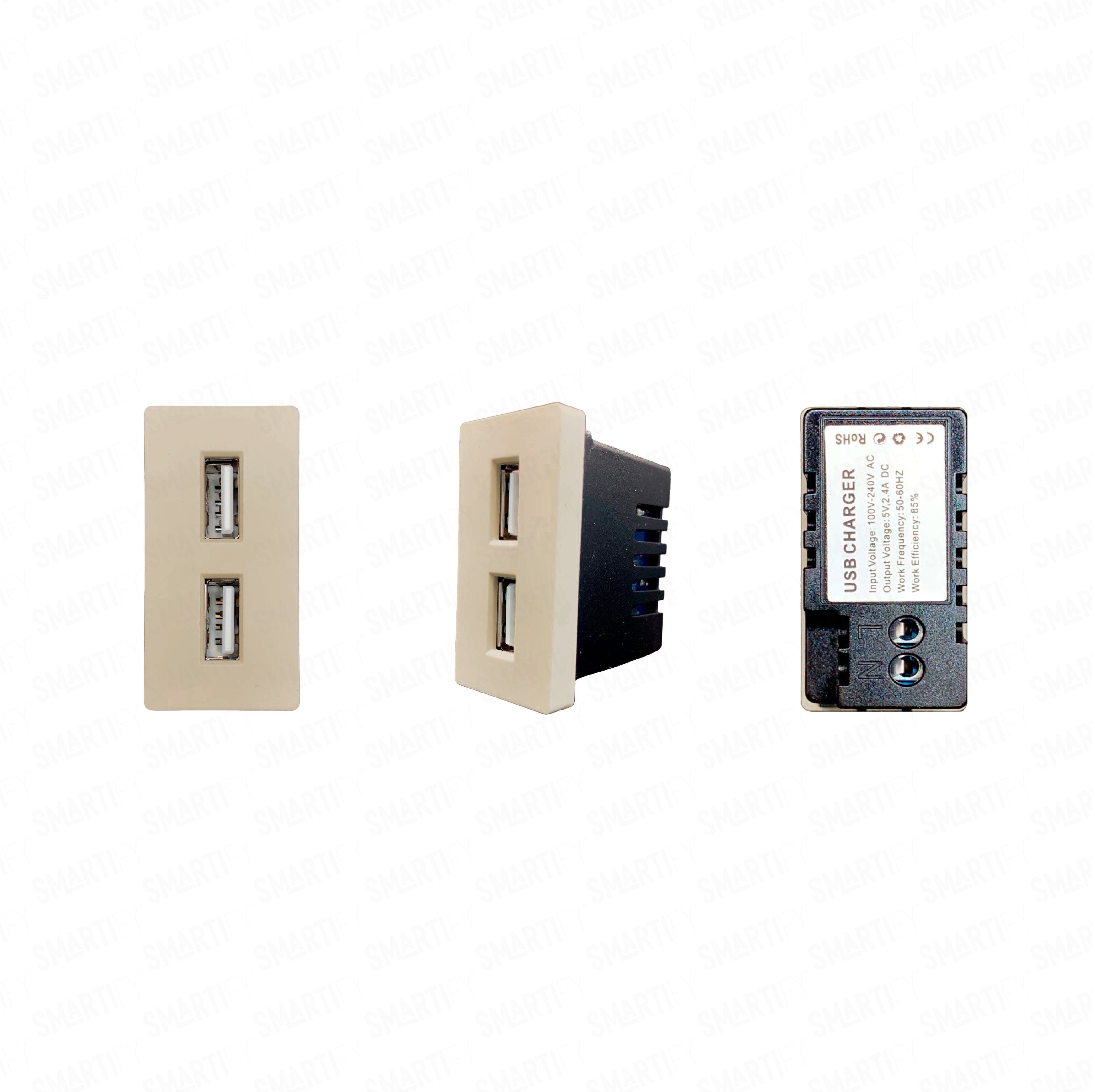 Meio Módulo 2x USB-A 2.4A Dourado – imagem exibindo três ângulos do dispositivo, destacando seu design compacto.