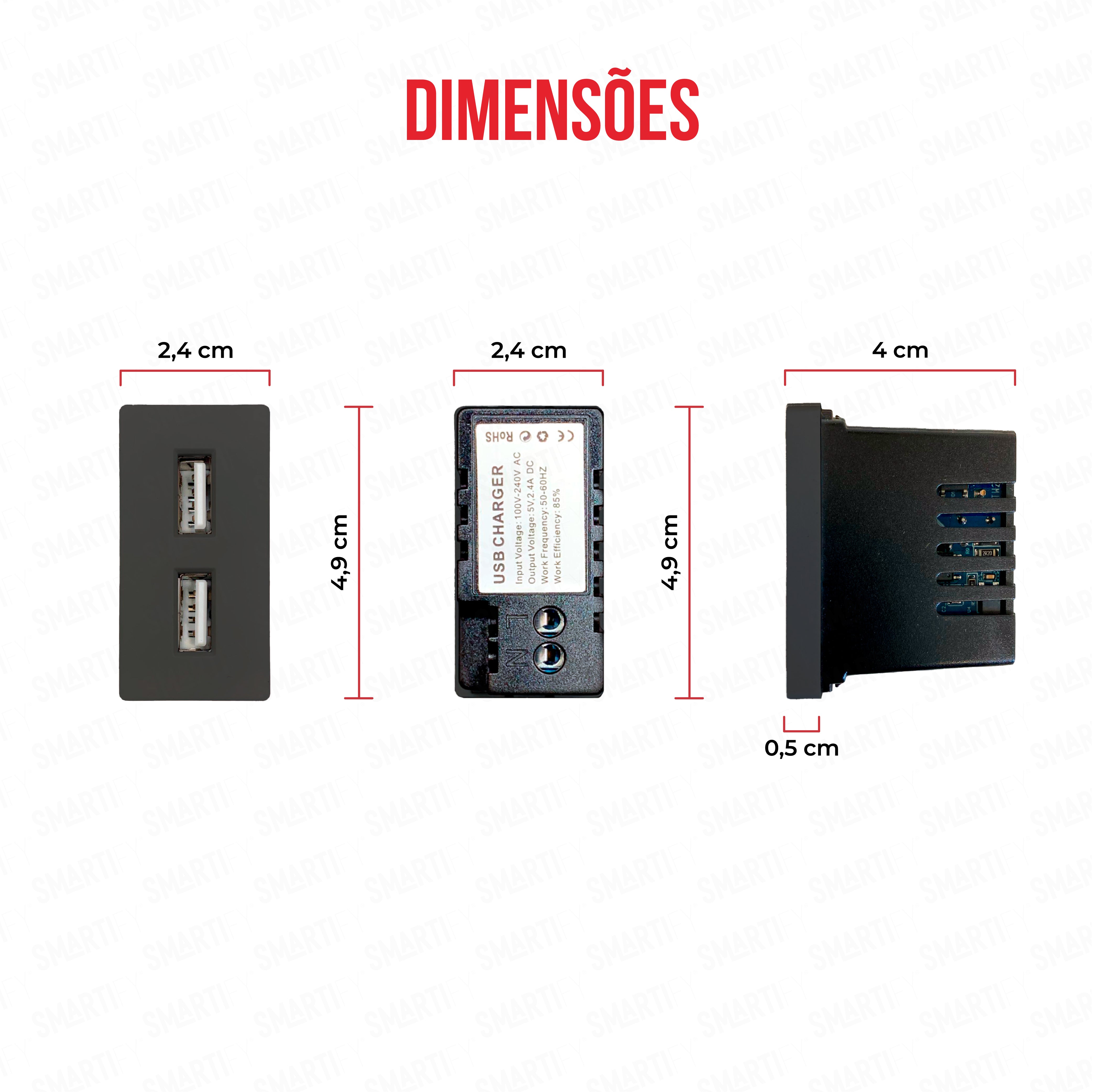Meio Módulo USB-A 2.4A Preto – imagem exibindo as dimensões do produto, destacando seu design compacto.