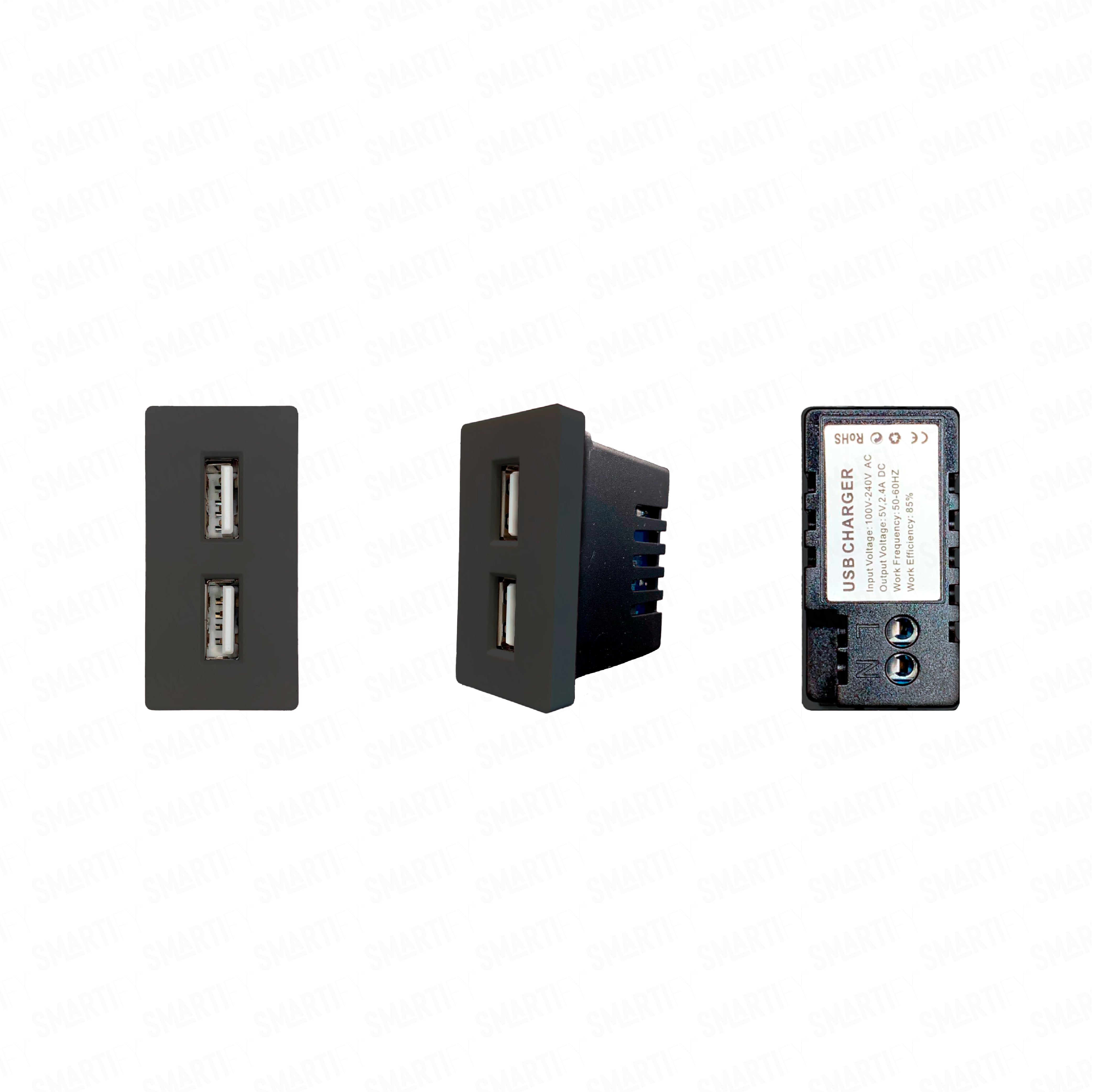 Meio Módulo 2x USB-A 2.4A Preto – imagem exibindo três ângulos do dispositivo, destacando seu design compacto.