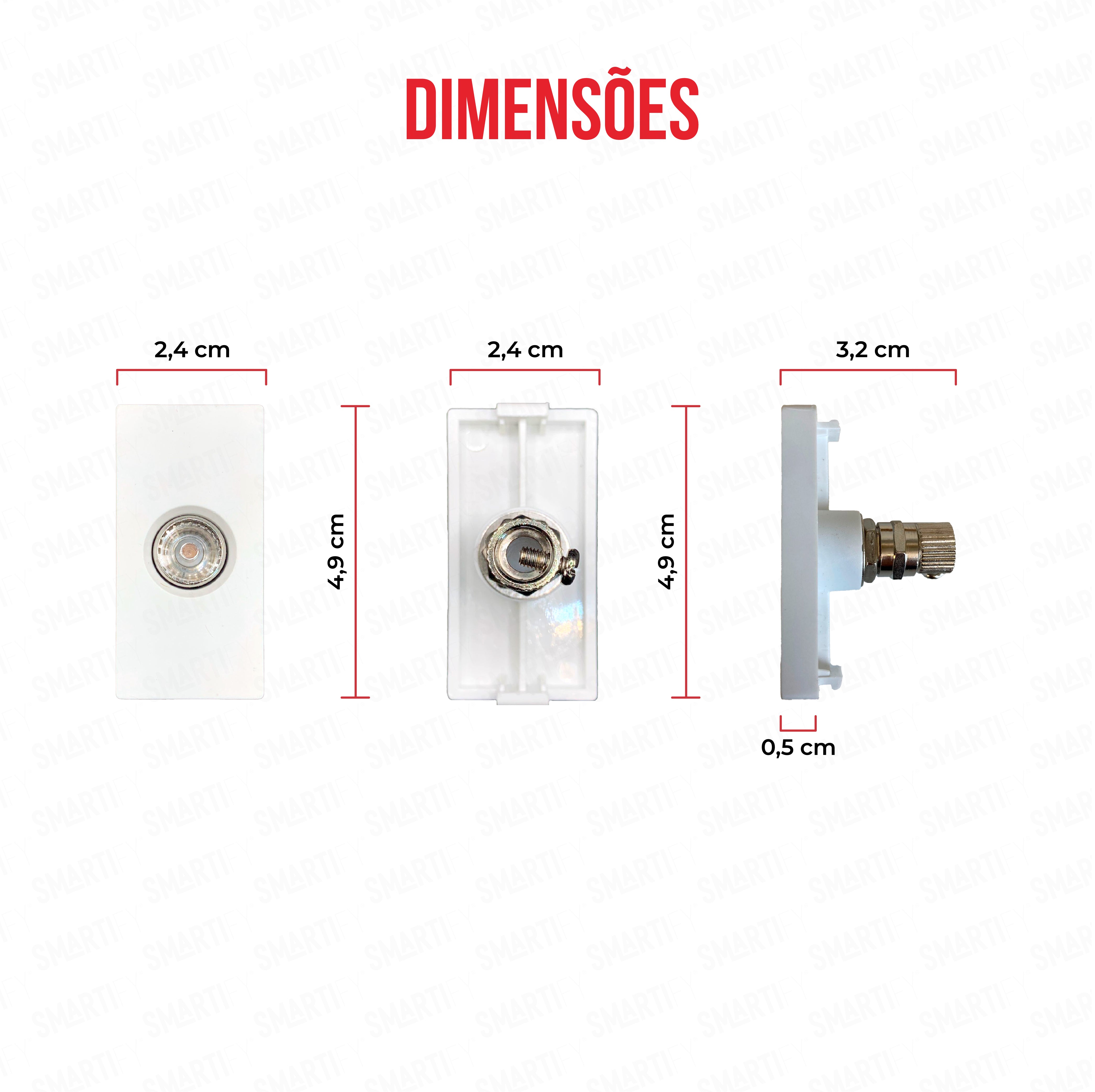 Smartify vPRO Meio Módulo TV Branco - imagem exibindo as dimensões do produto, destacando seu design compacto.