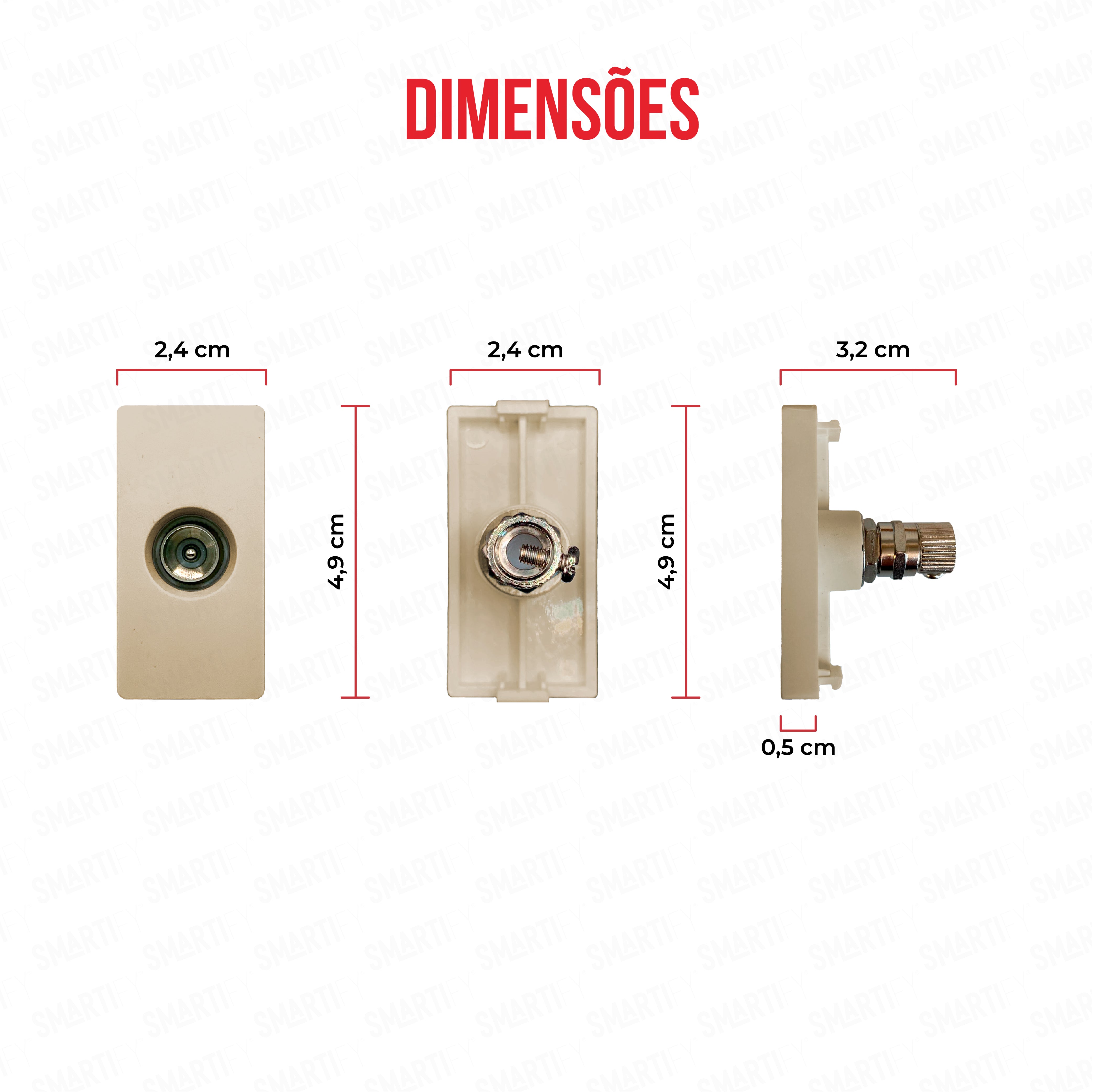 Smartify vPRO Meio Módulo TV Dourado - imagem exibindo as dimensões do produto, destacando seu design compacto.