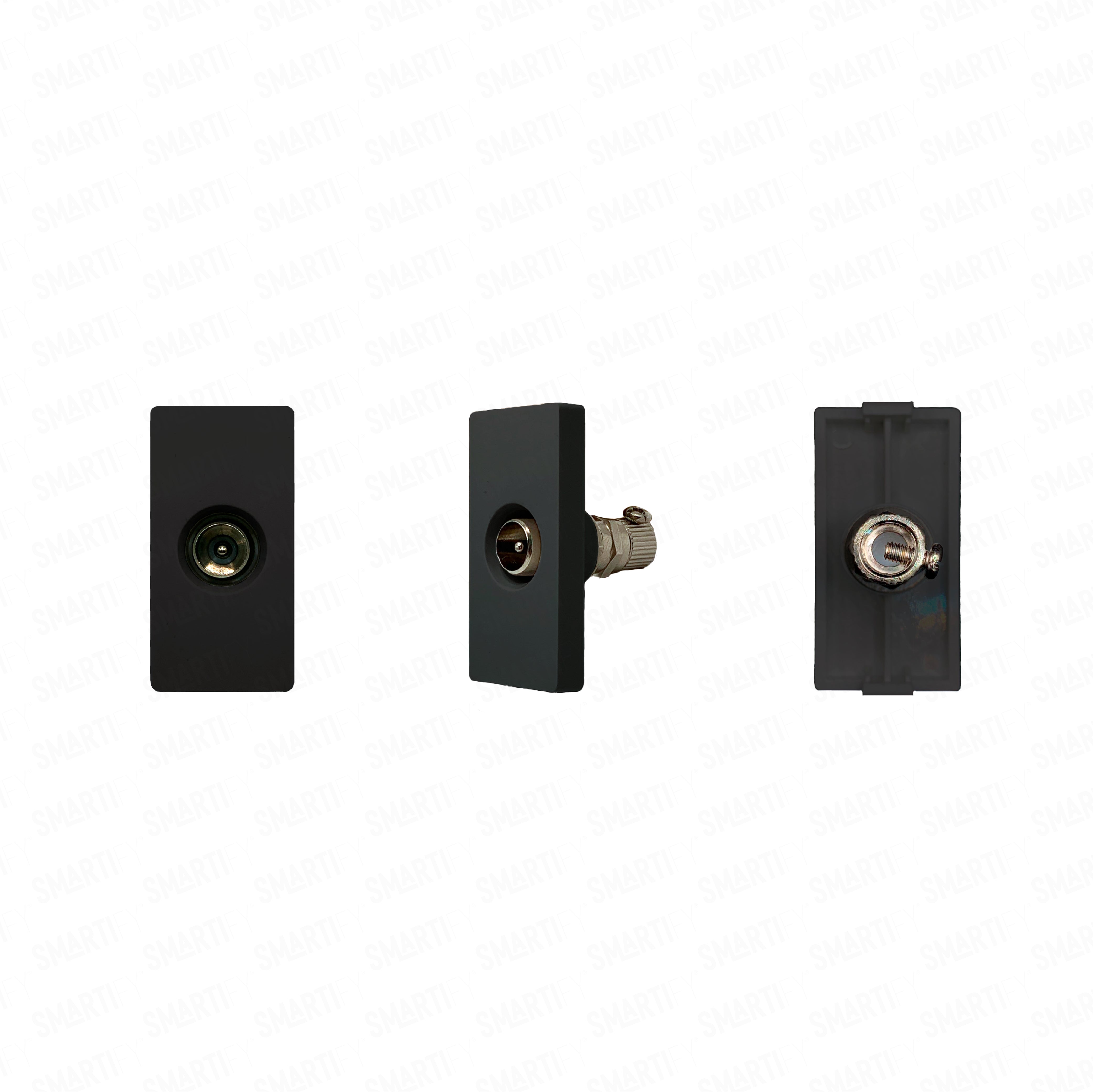 Smartify vPRO Meio Módulo TV Branco – imagem exibindo três ângulos do dispositivo, destacando seu design compacto.