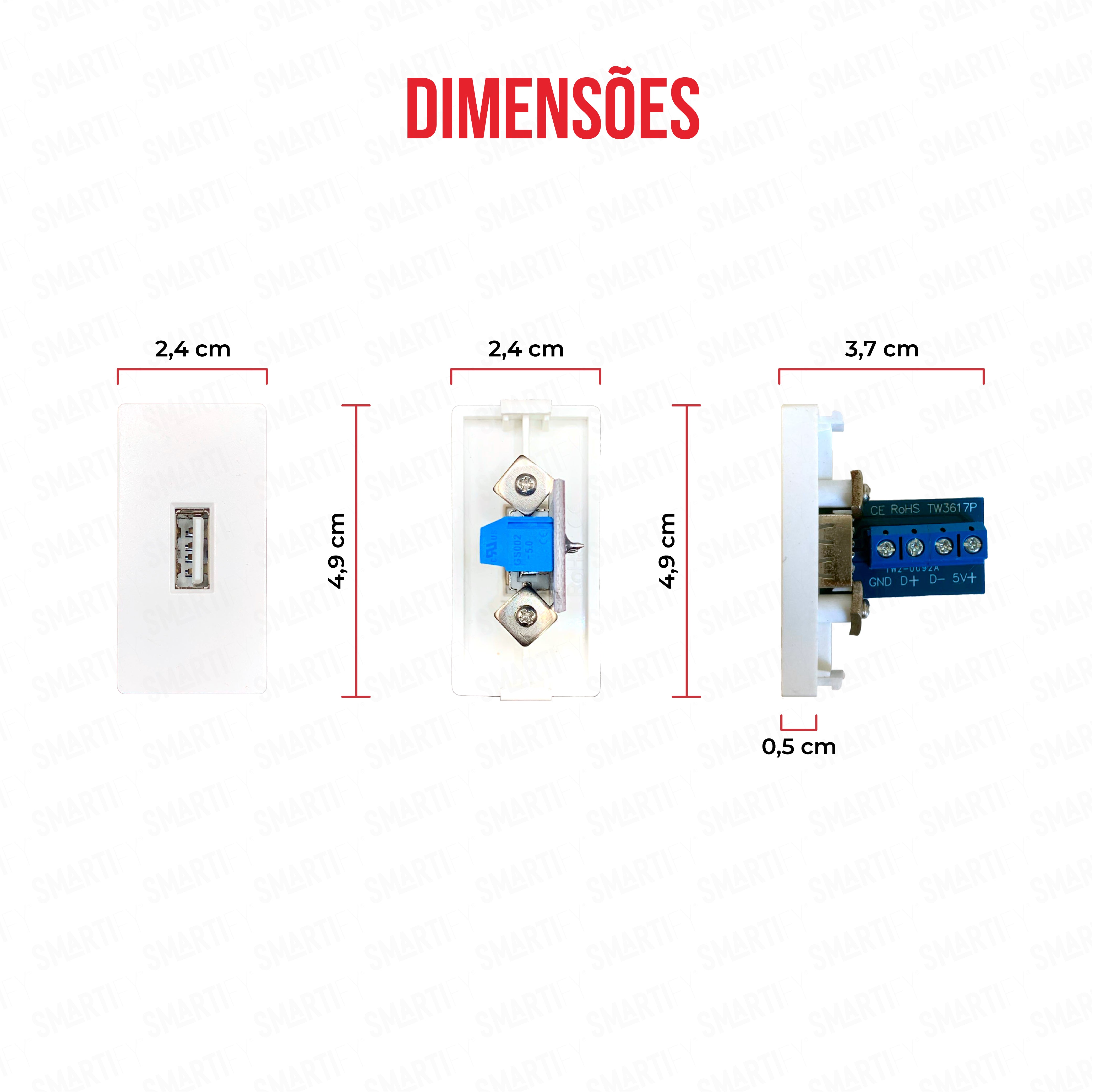 Smartify vPRO Meio Módulo USB-A c/ Transferência de Dados Branco - imagem exibindo as dimensões do produto, destacando seu design compacto.