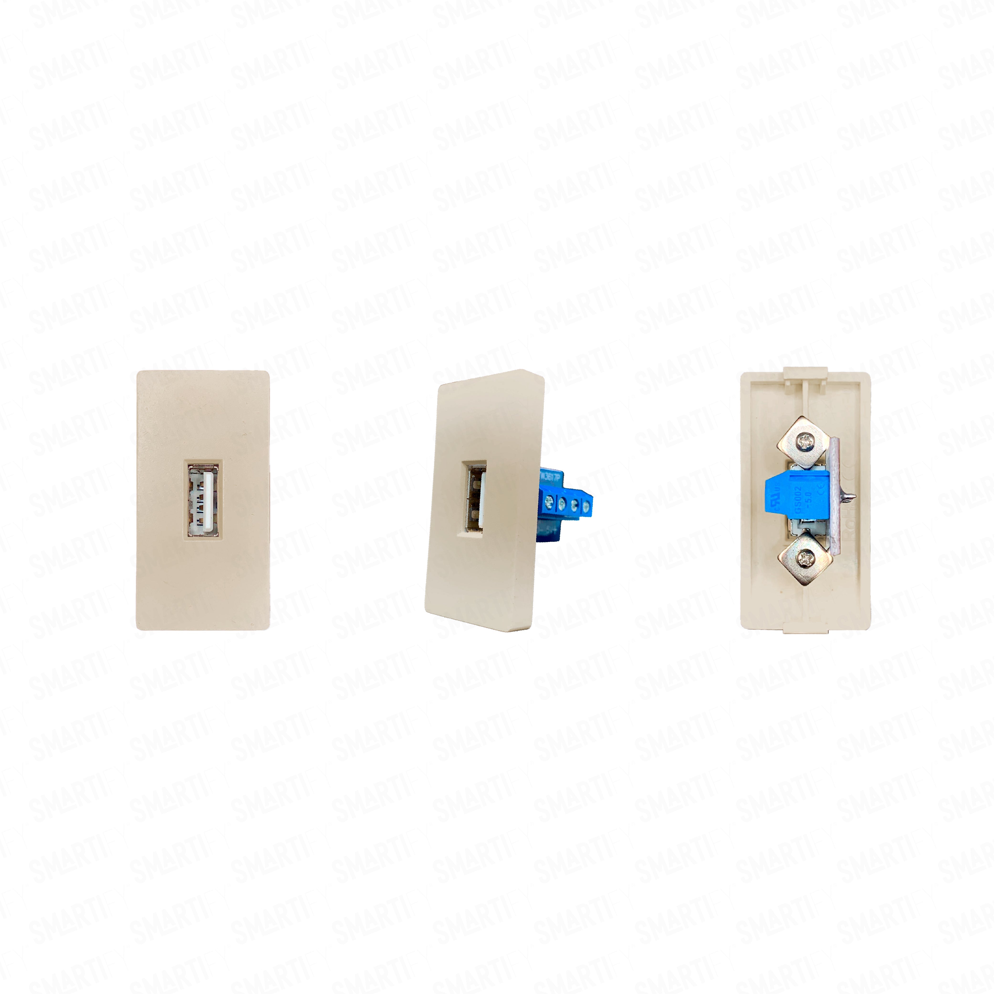 Smartify vPRO Meio Módulo USB-A c/ Transferência de Dados Dourado – imagem exibindo três ângulos do dispositivo, destacando seu design compacto.