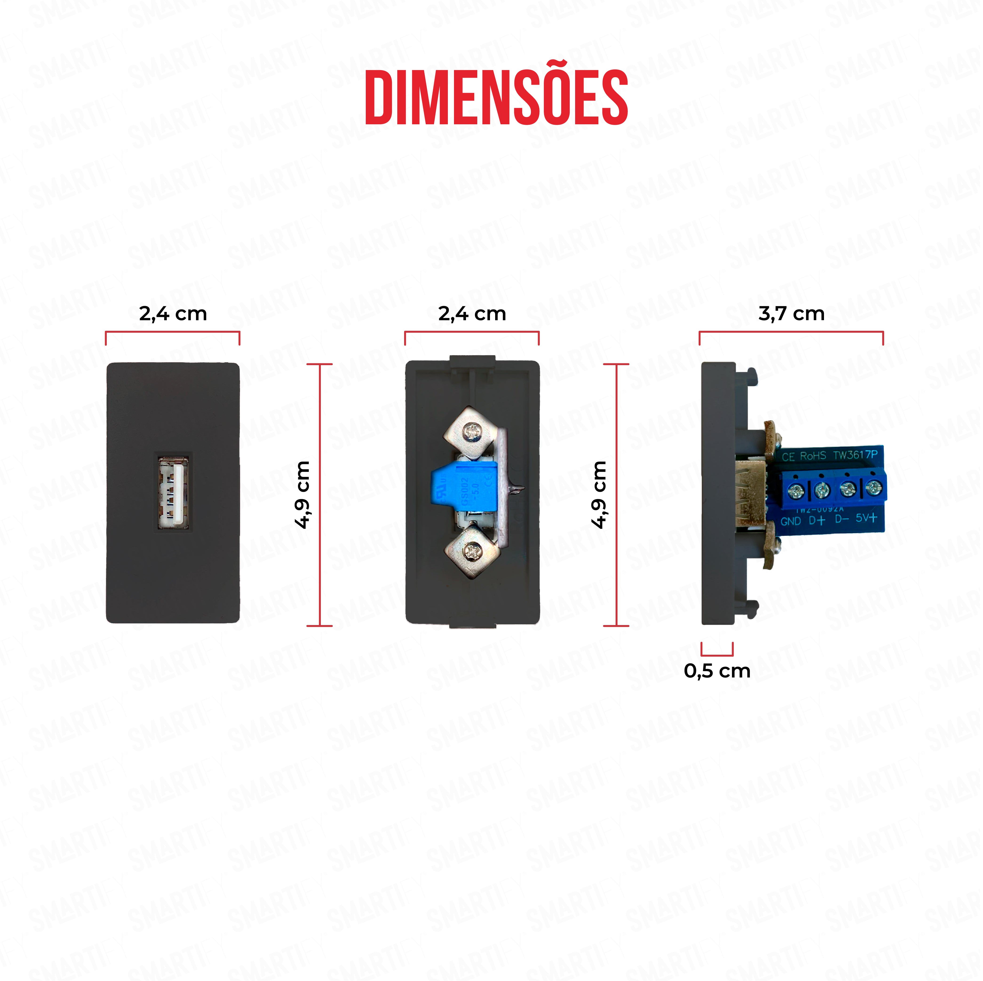 Smartify vPRO Meio Módulo USB-A c/ Transferência de Dados Preto - imagem exibindo as dimensões do produto, destacando seu design compacto.