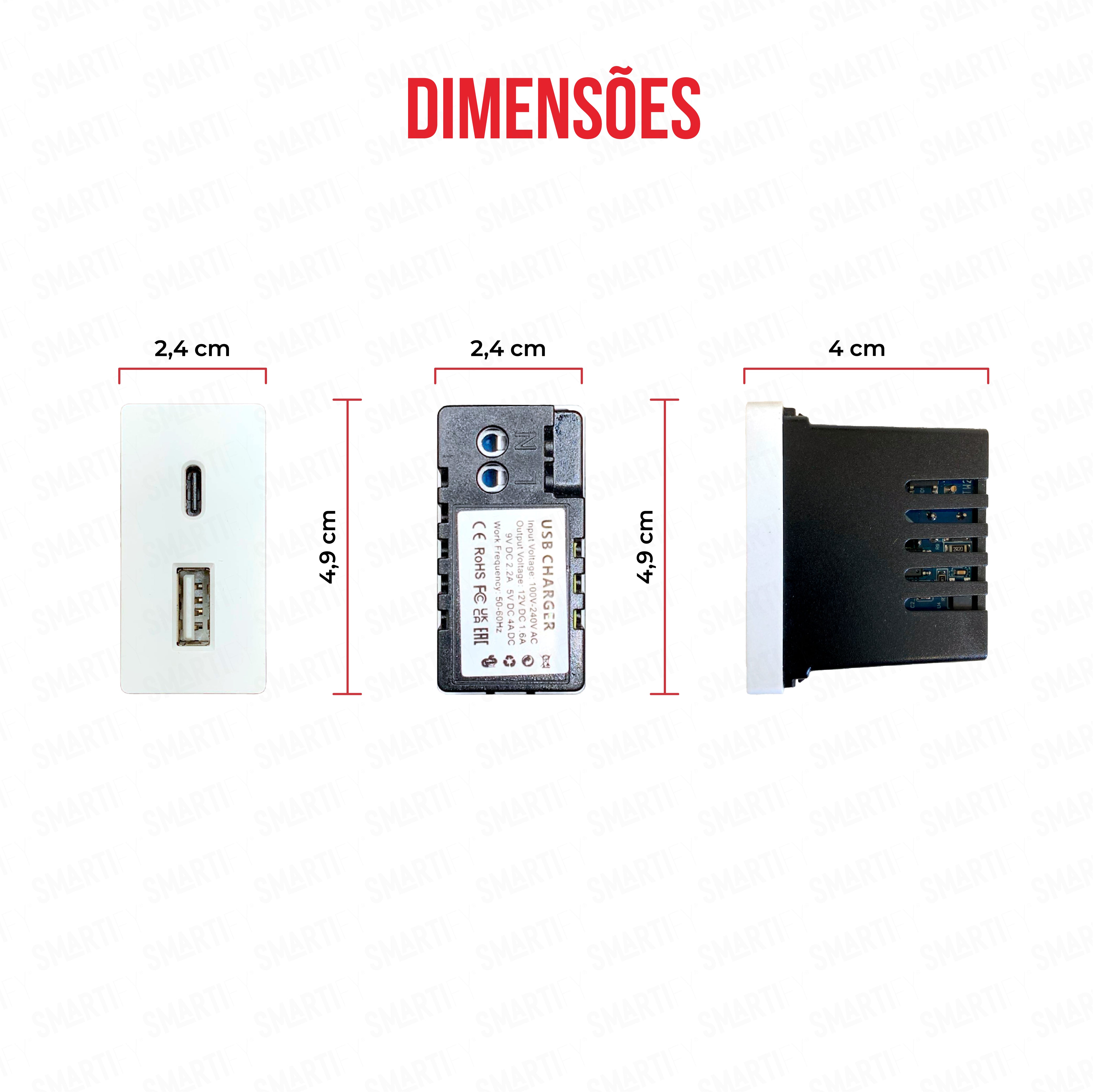 Meio Módulo USB-C + USB-A  20W Branco – imagem exibindo as dimensões do produto, destacando seu design compacto.