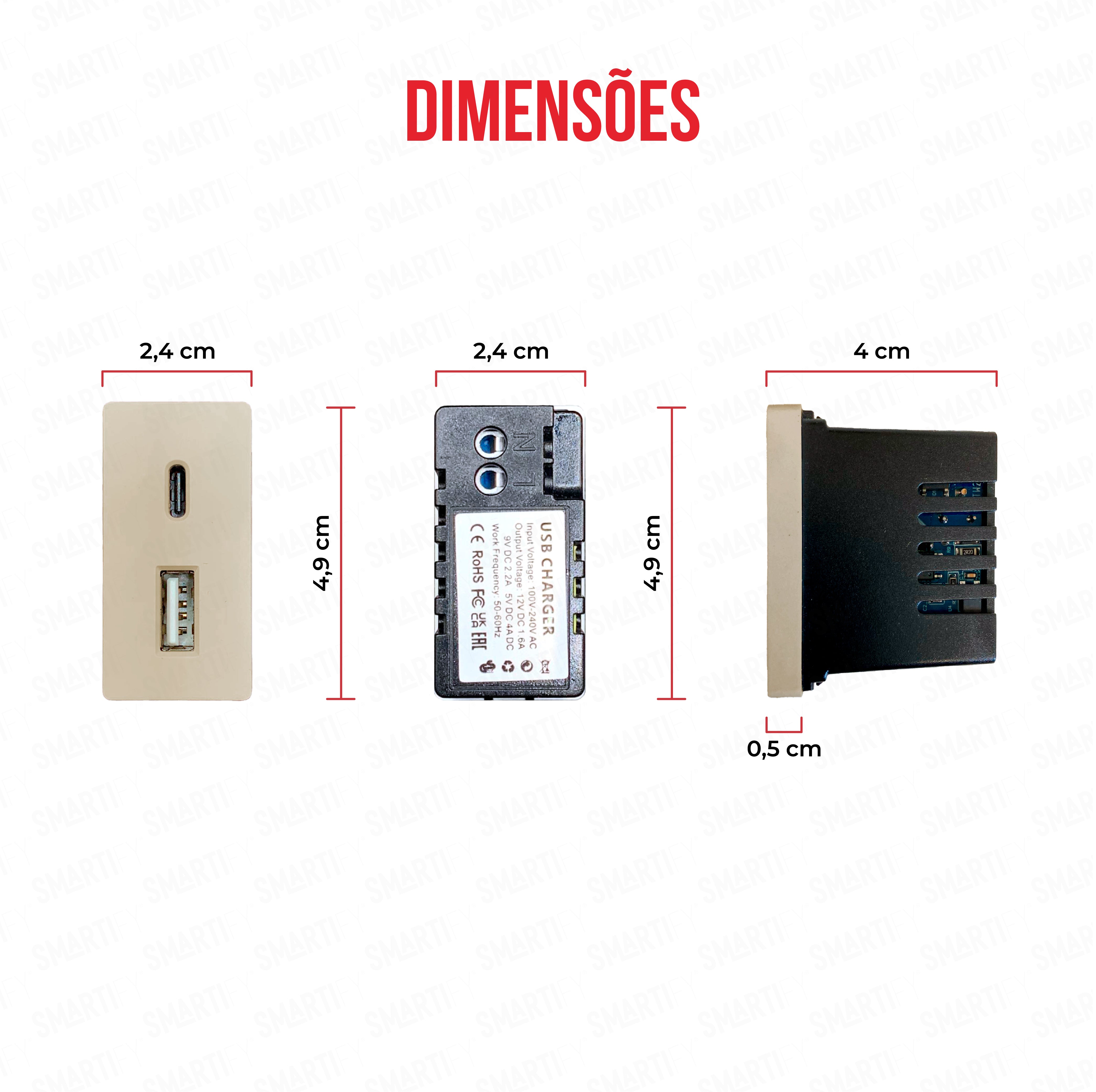 Meio Módulo USB-C + USB-A 20W Dourado – imagem exibindo as dimensões do produto, destacando seu design compacto.