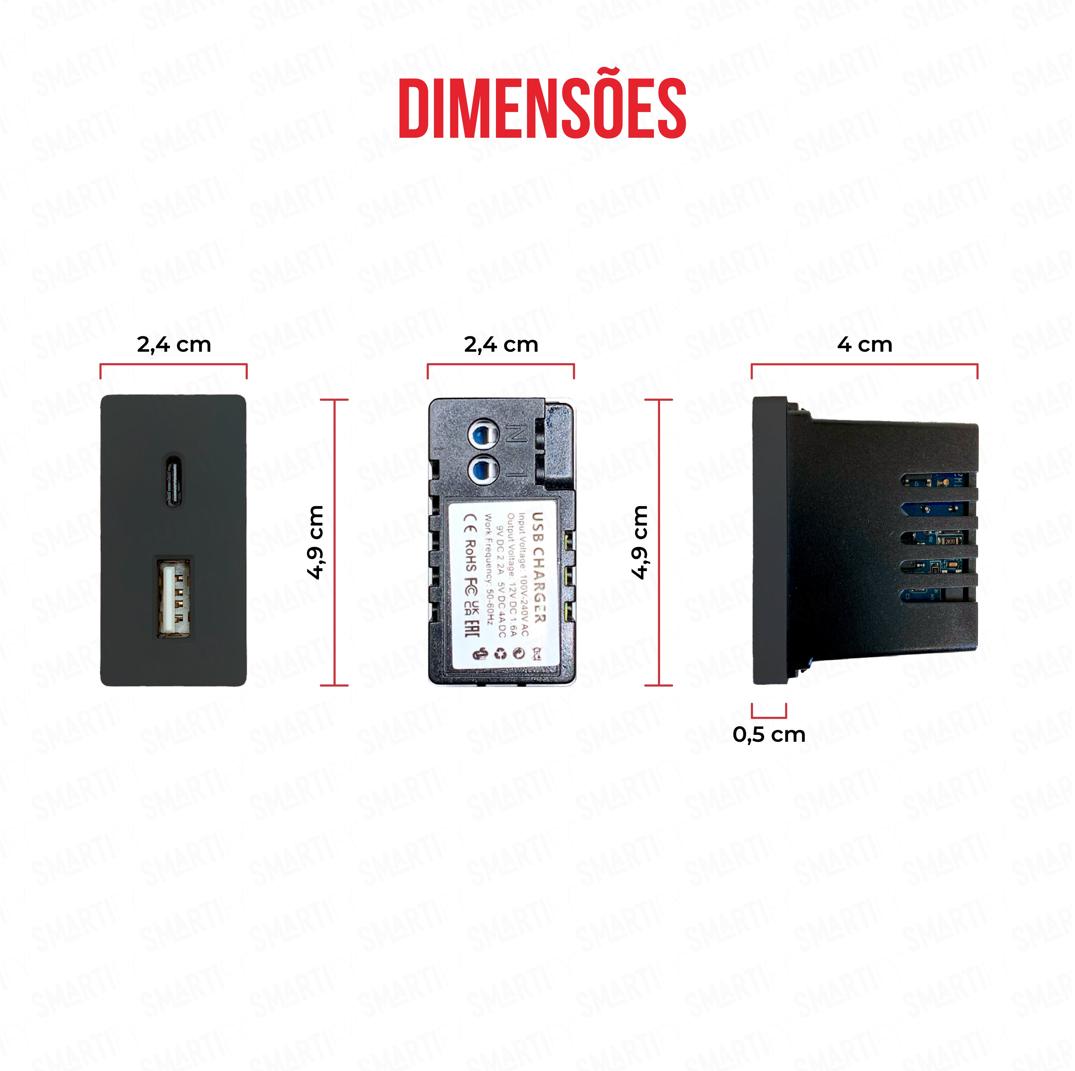 Meio Módulo USB-C + USB-A  20W Preto – imagem exibindo as dimensões do produto, destacando seu design compacto.