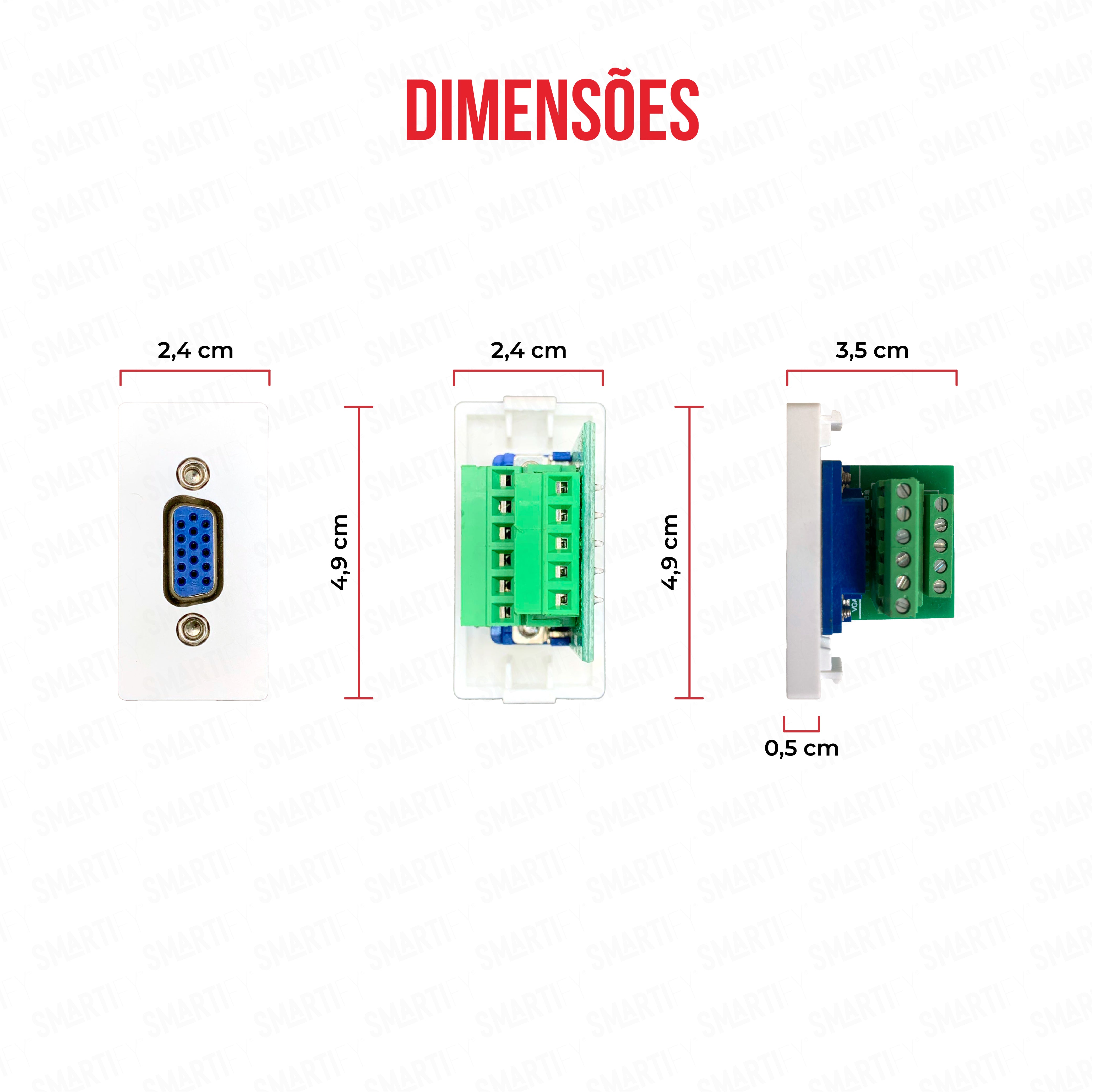 Smartify vPRO Meio Módulo VGA Branco - imagem exibindo as dimensões do produto, destacando seu design compacto.