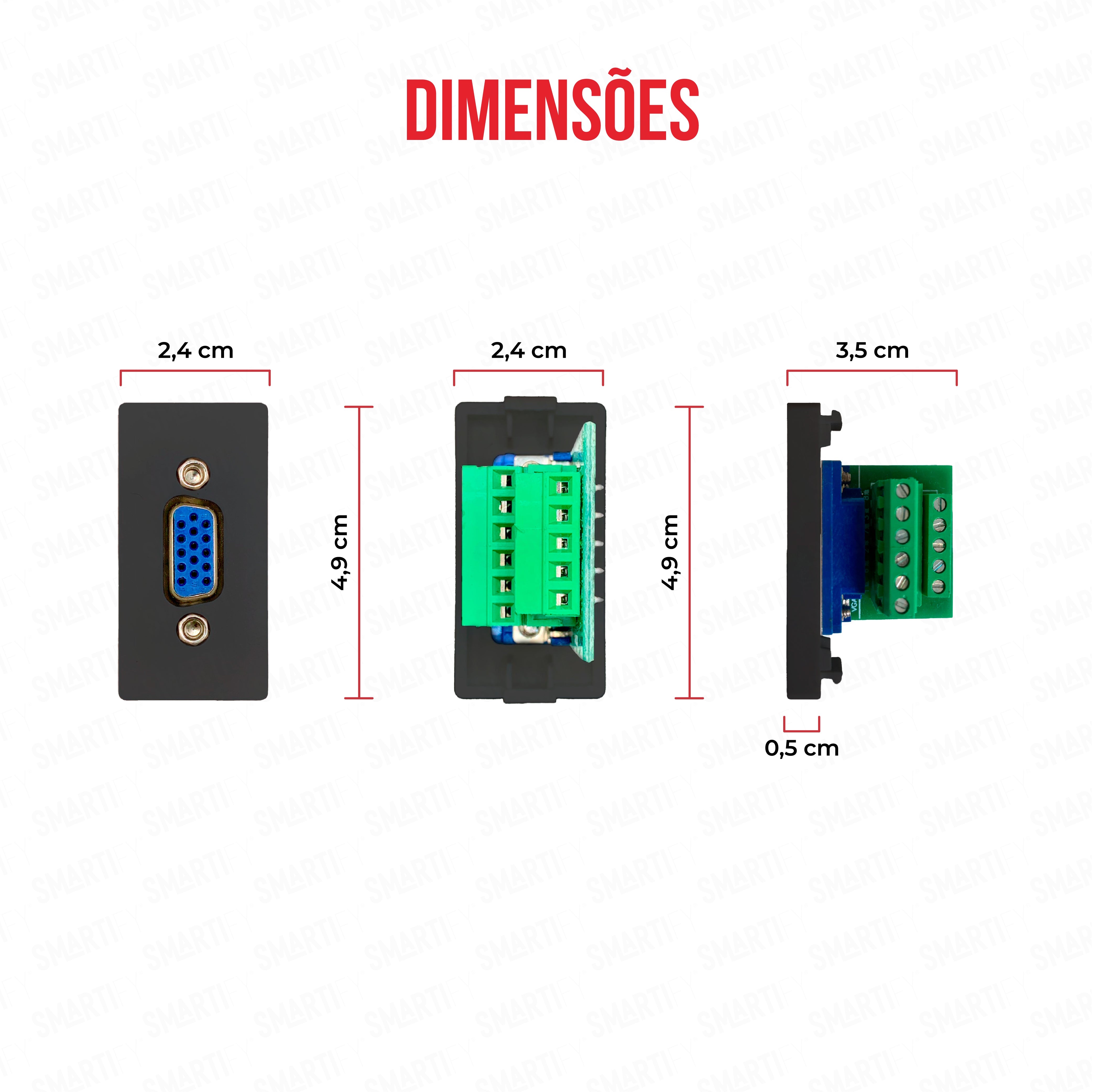Smartify vPRO Meio Módulo VGA Preto - imagem exibindo as dimensões do produto, destacando seu design compacto.