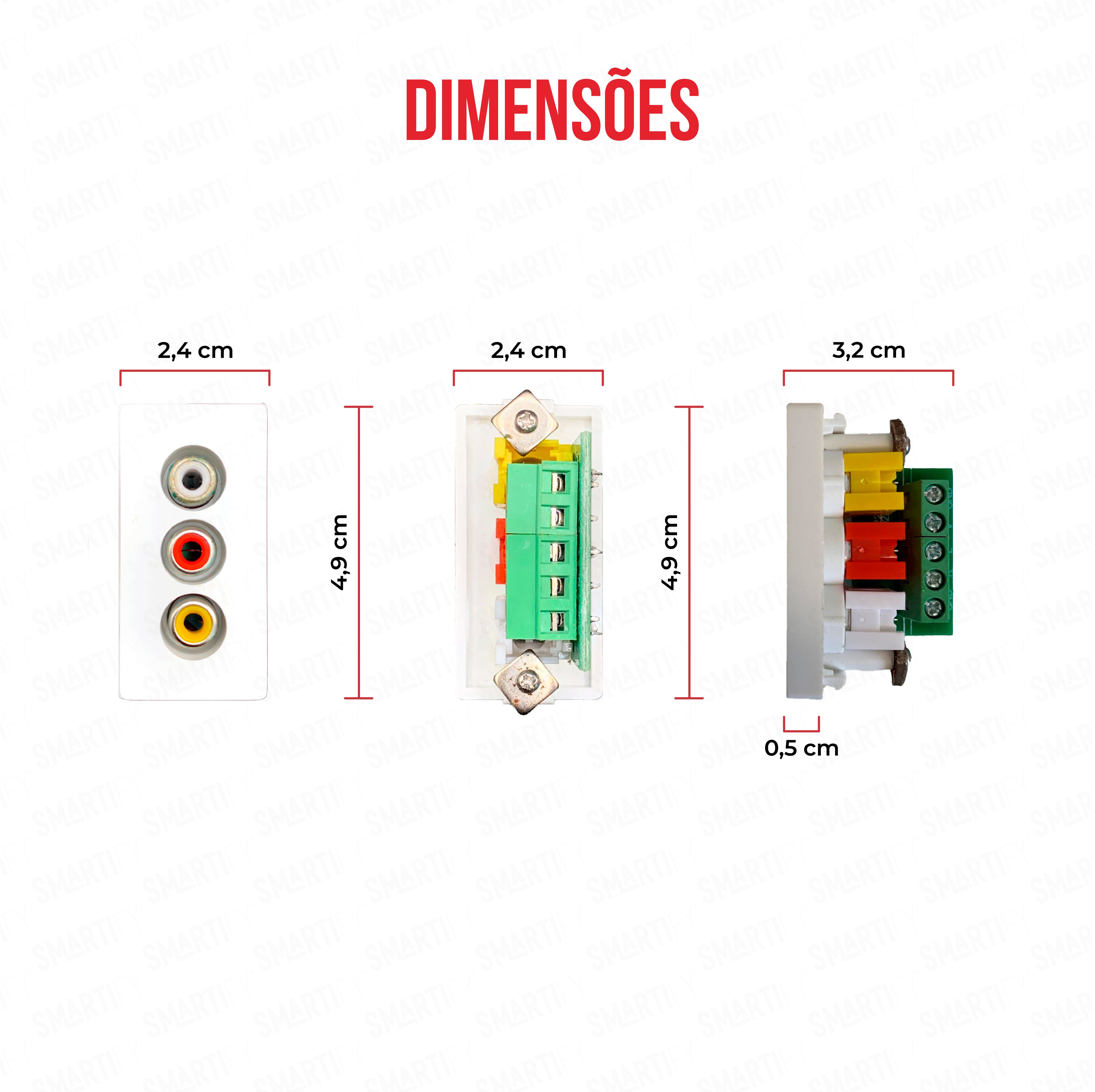 Smartify vPRO Meio Módulo banana Branco - imagem exibindo as dimensões do produto, destacando seu design compacto.