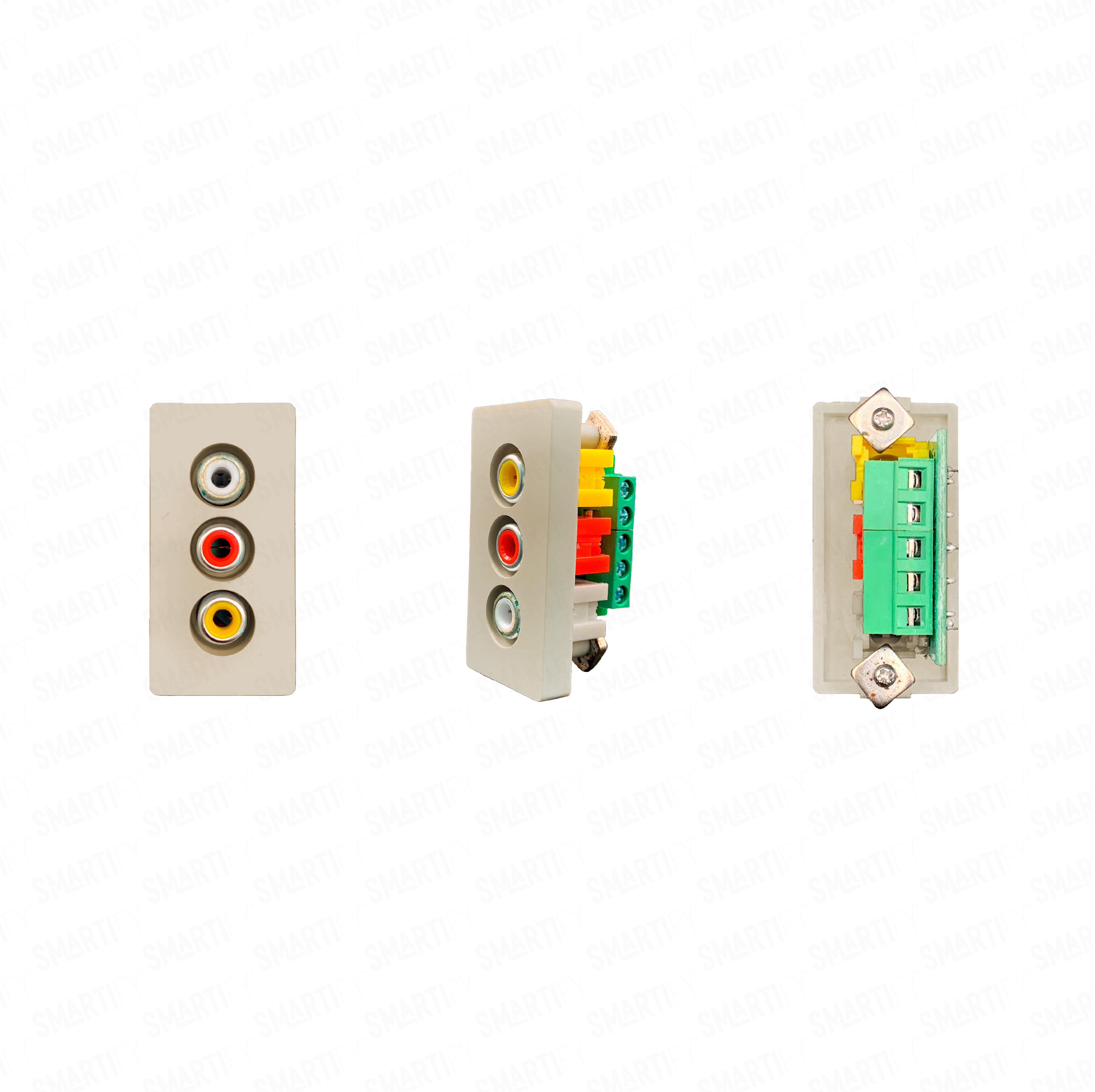 Smartify vPRO Meio Módulo banana Dourado – imagem exibindo três ângulos do dispositivo, destacando seu design compacto.