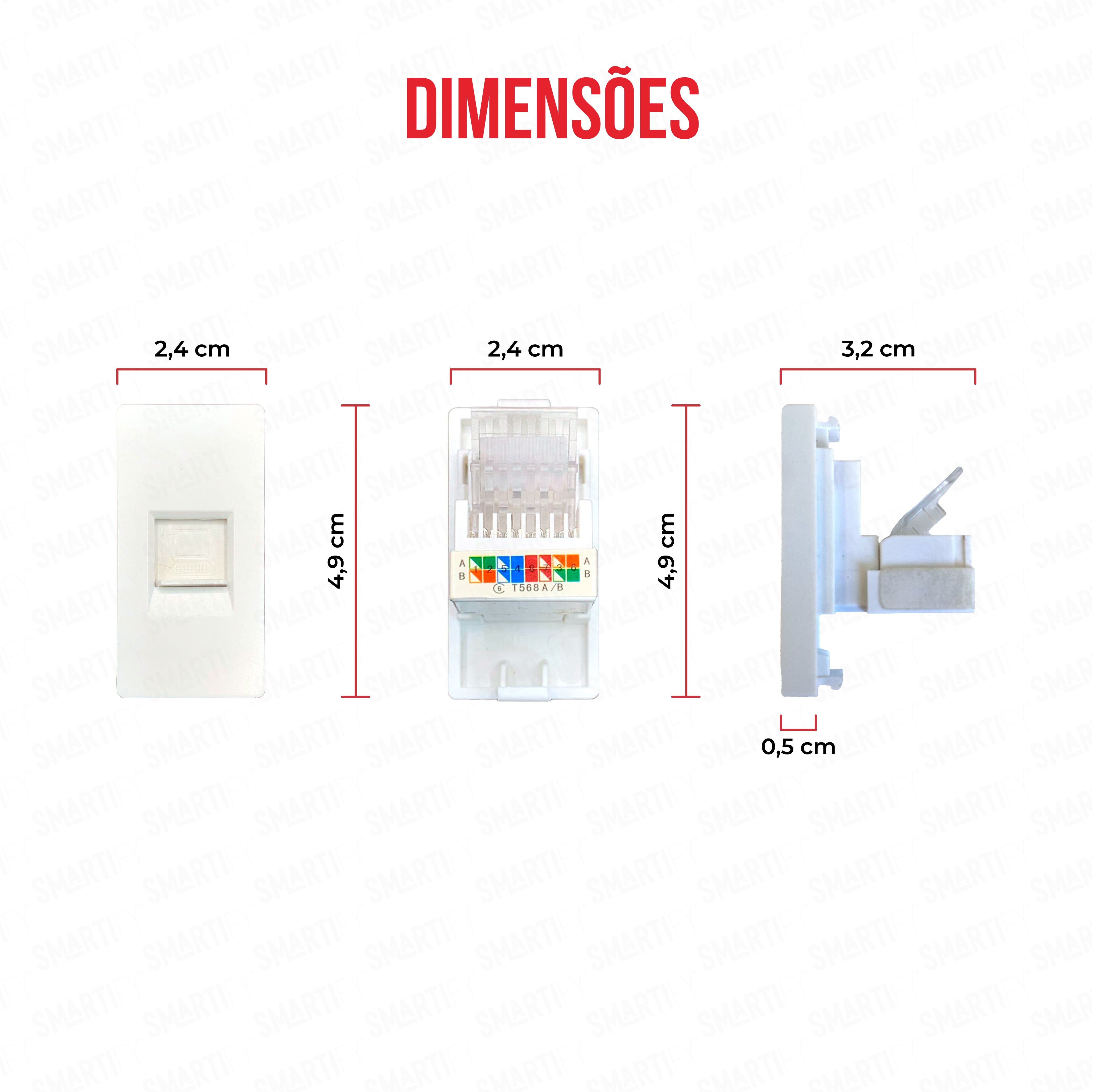 Smartify vPRO Meio Módulo CAT 6 Branco - imagem exibindo as dimensões do produto, destacando seu design compacto.