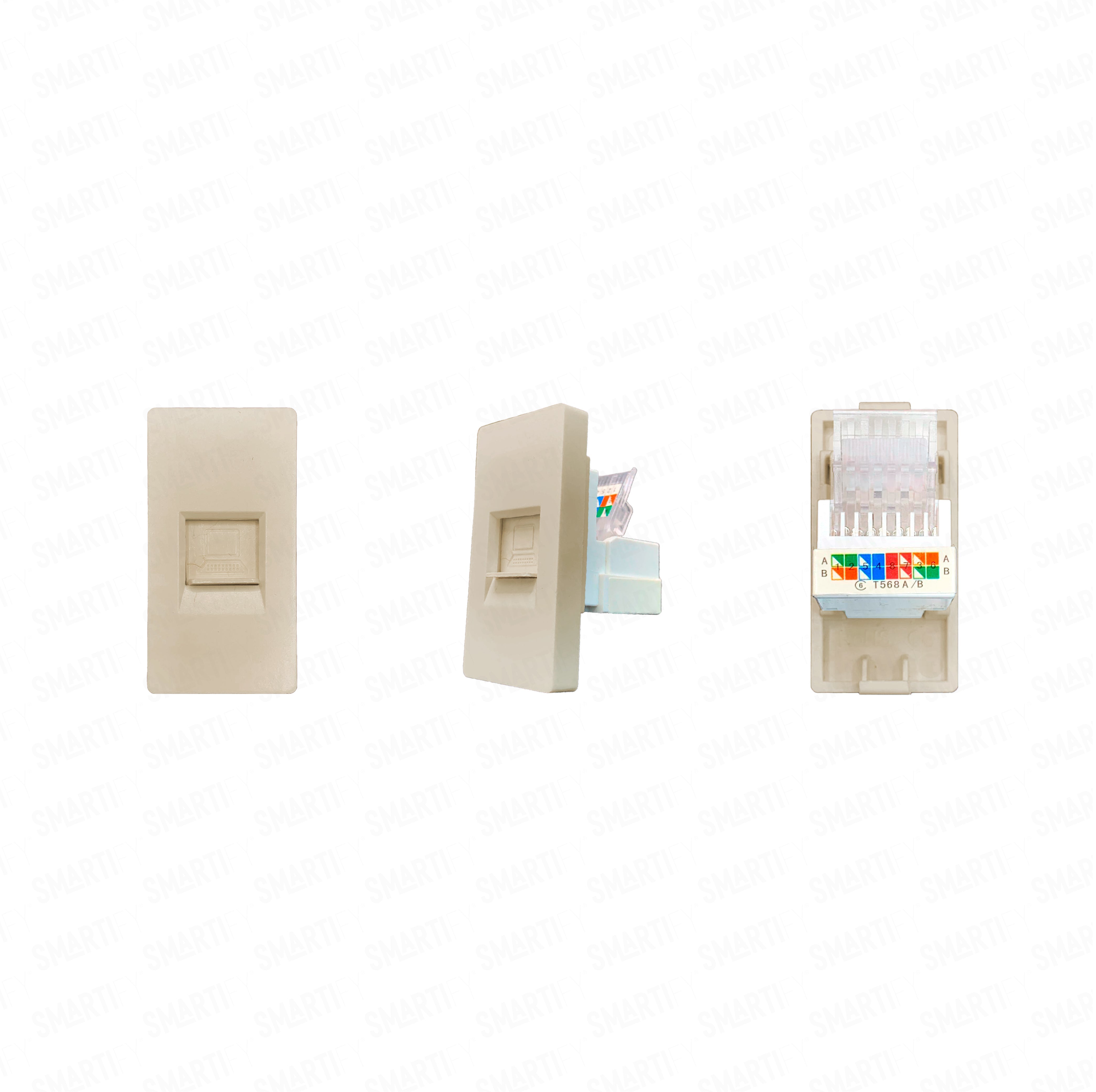 Smartify vPRO Meio Módulo CAT 6 Dourado – imagem exibindo três ângulos do dispositivo, destacando seu design compacto.