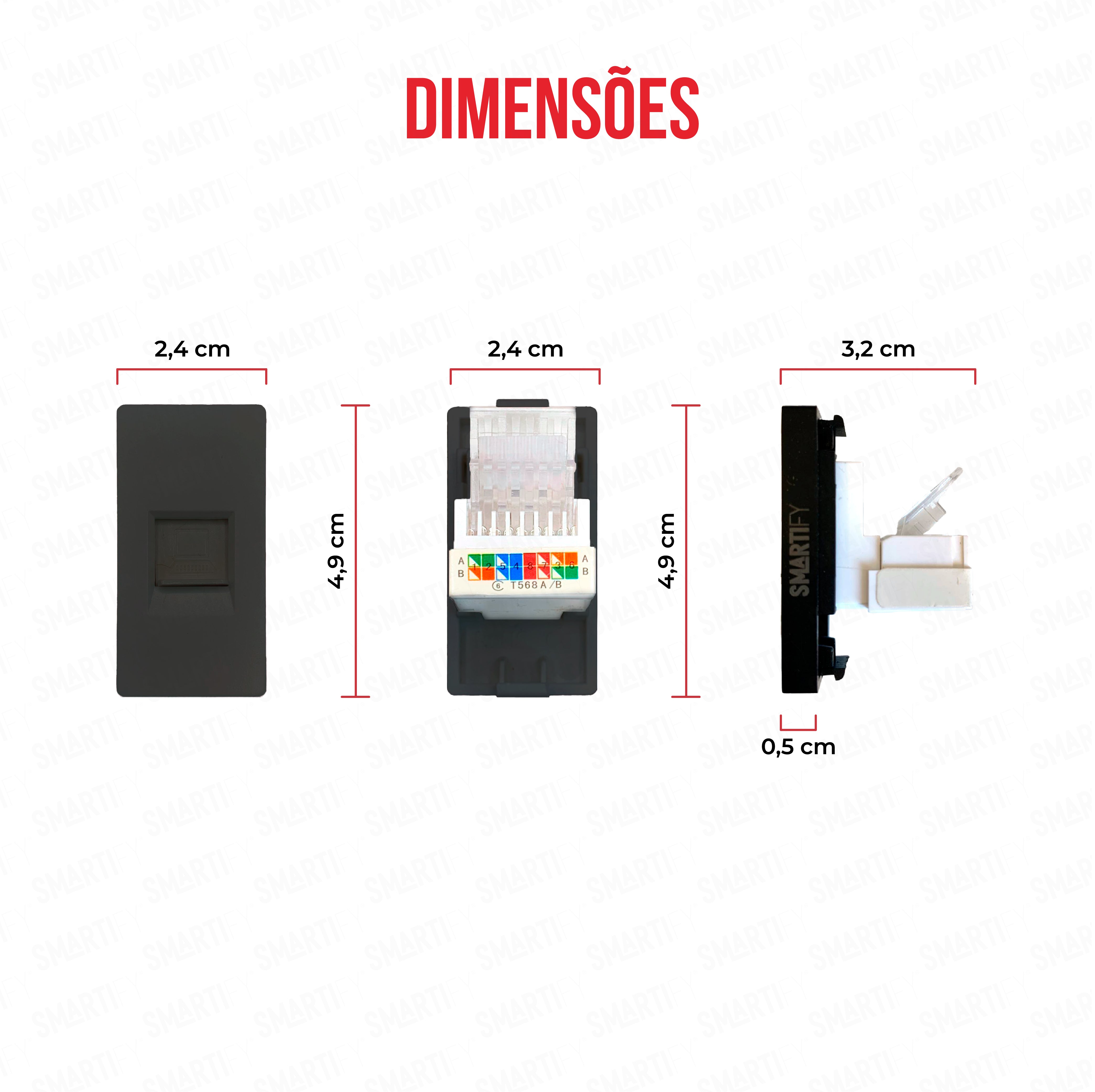 Smartify vPRO Meio Módulo CAT 6 Preto - imagem exibindo as dimensões do produto, destacando seu design compacto.