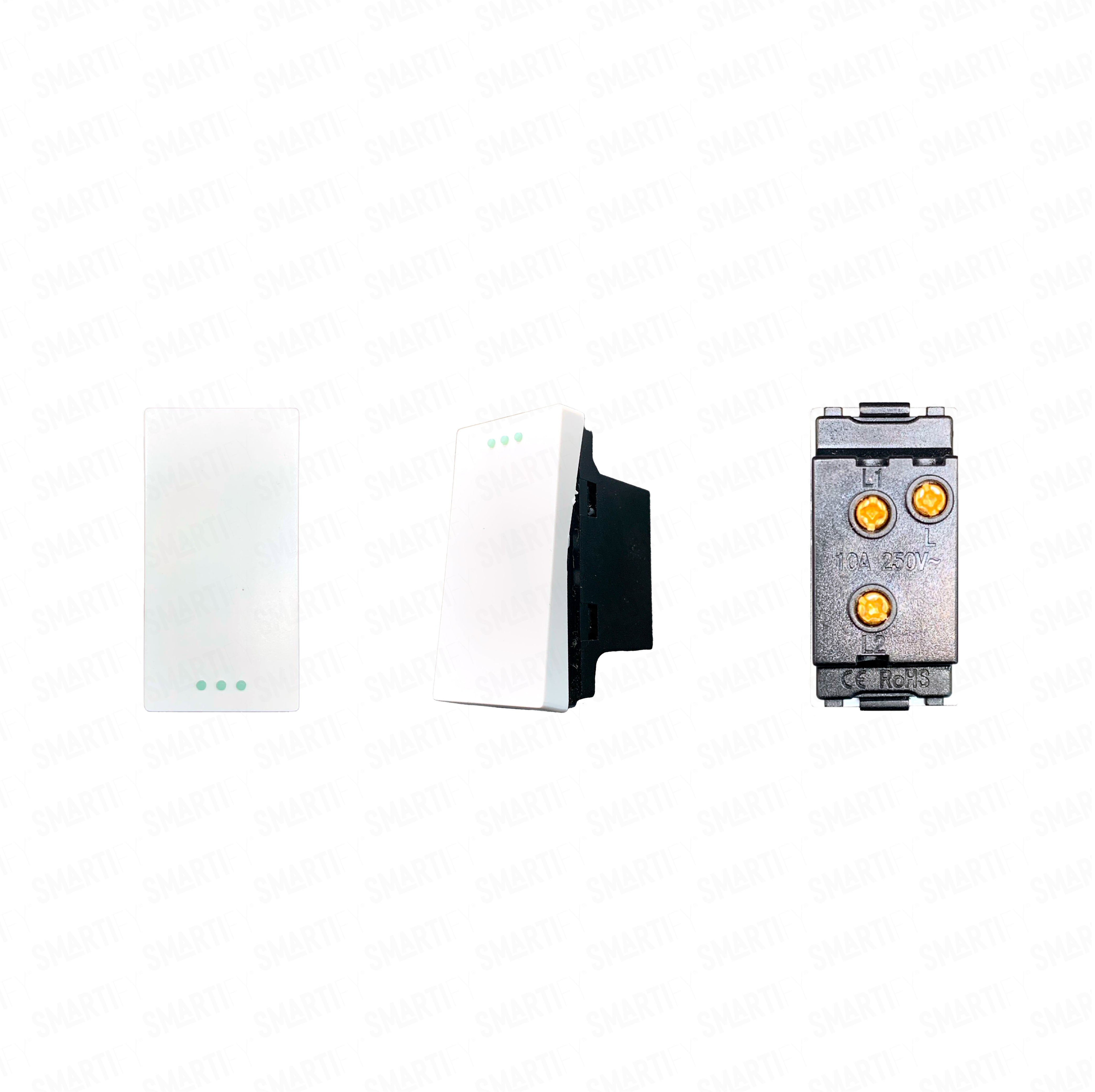 Meio Módulo comutador Branco – imagem exibindo três ângulos do dispositivo, destacando seu design compacto.