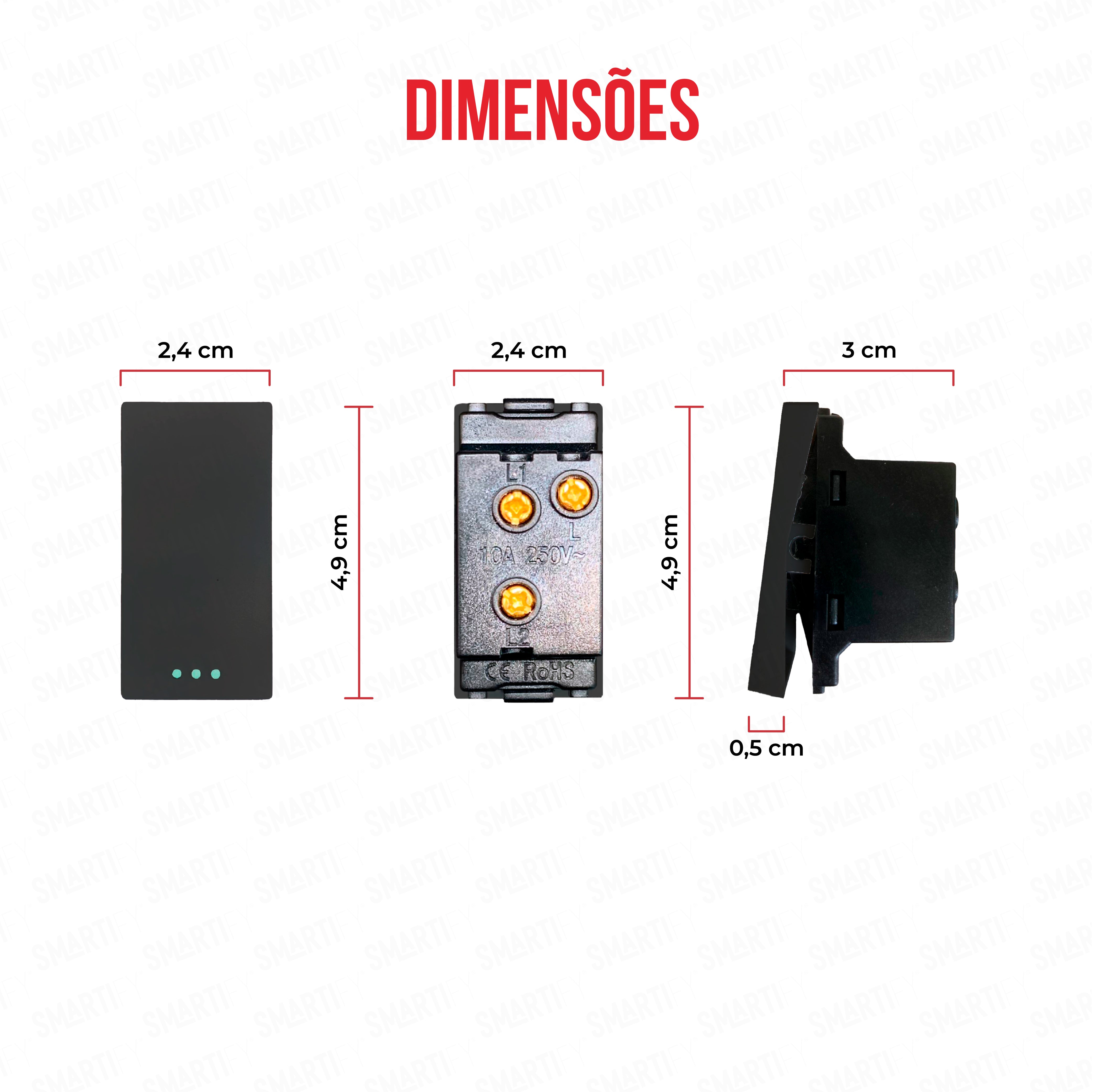 Meio Módulo comutador Preto – imagem exibindo as dimensões do produto, destacando seu design compacto.