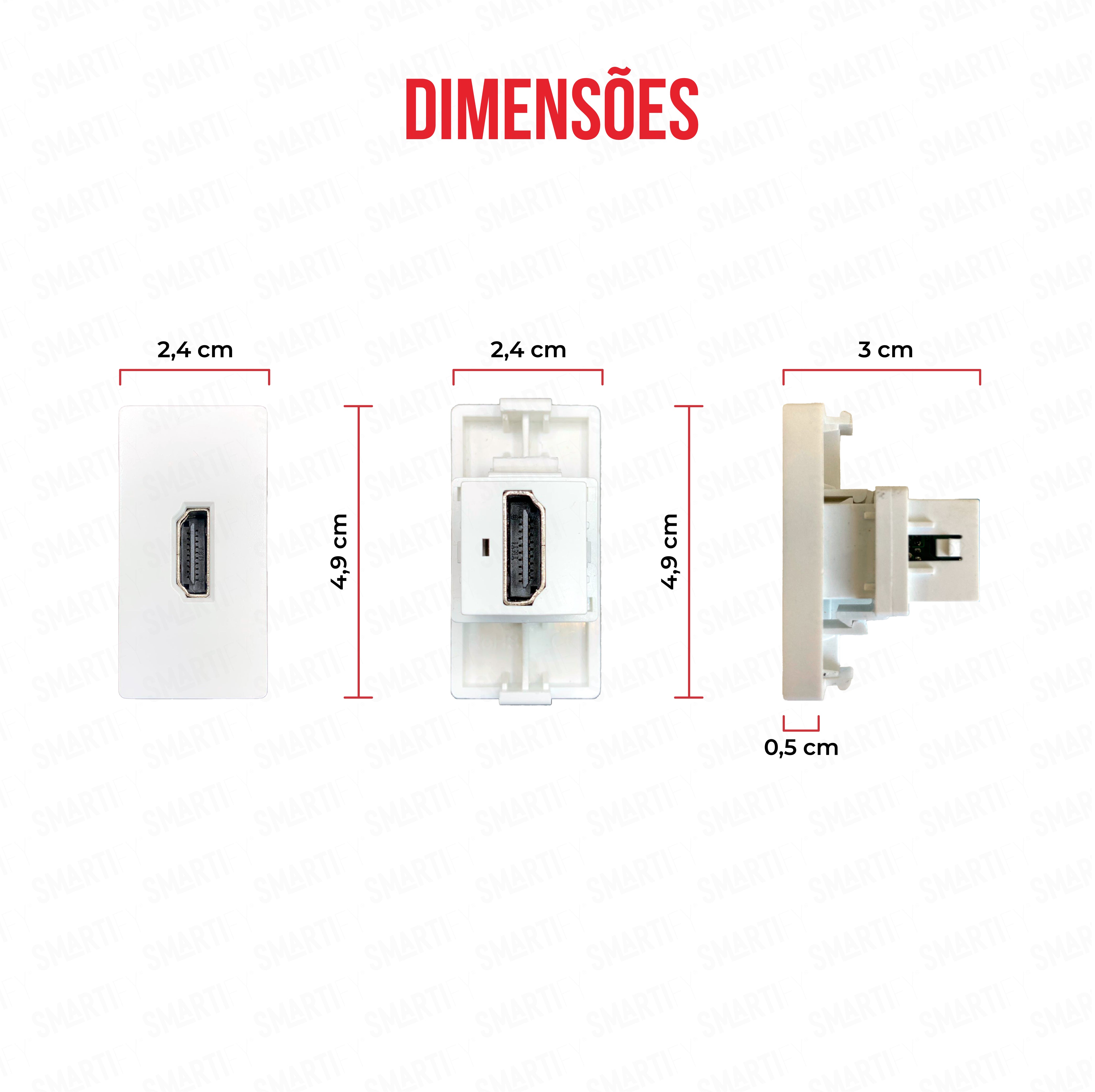 Smartify vPRO Meio Módulo HDMI Branco - imagem exibindo as dimensões do produto, destacando seu design compacto.