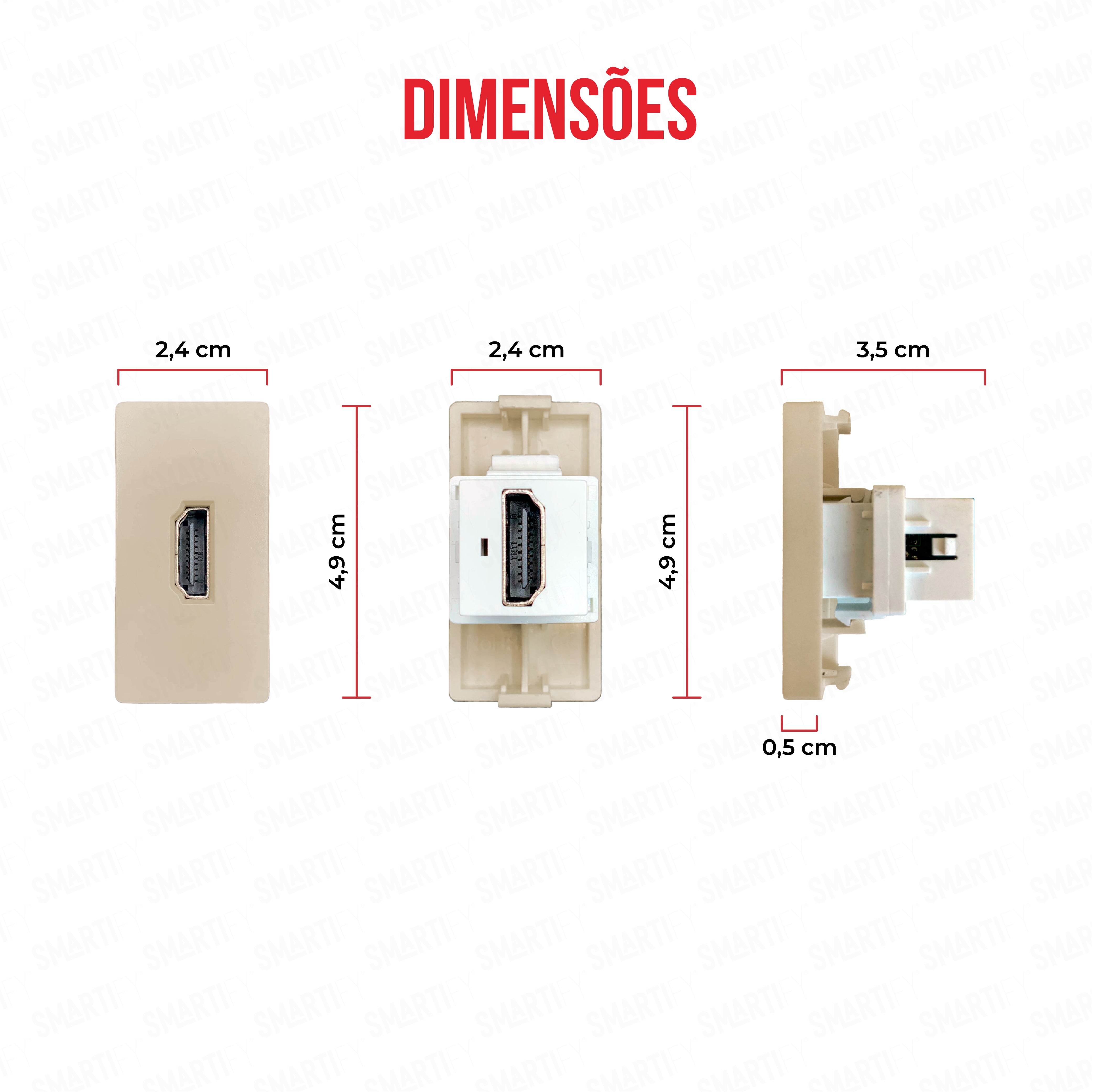 Smartify vPRO Meio Módulo HDMI Dourado - imagem exibindo as dimensões do produto, destacando seu design compacto.