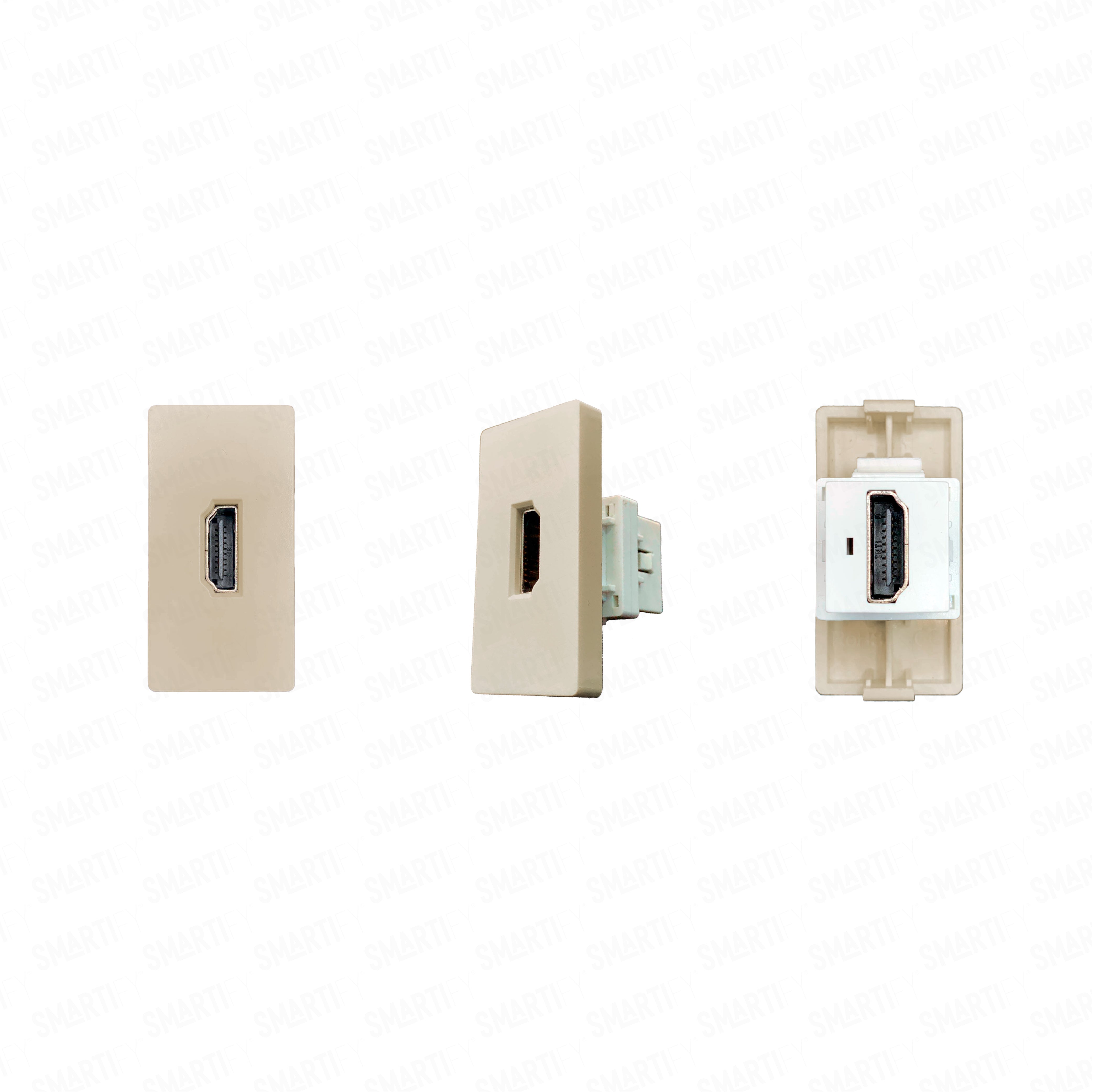 Smartify vPRO Meio Módulo HDMI Dourado – imagem exibindo três ângulos do dispositivo, destacando seu design compacto.