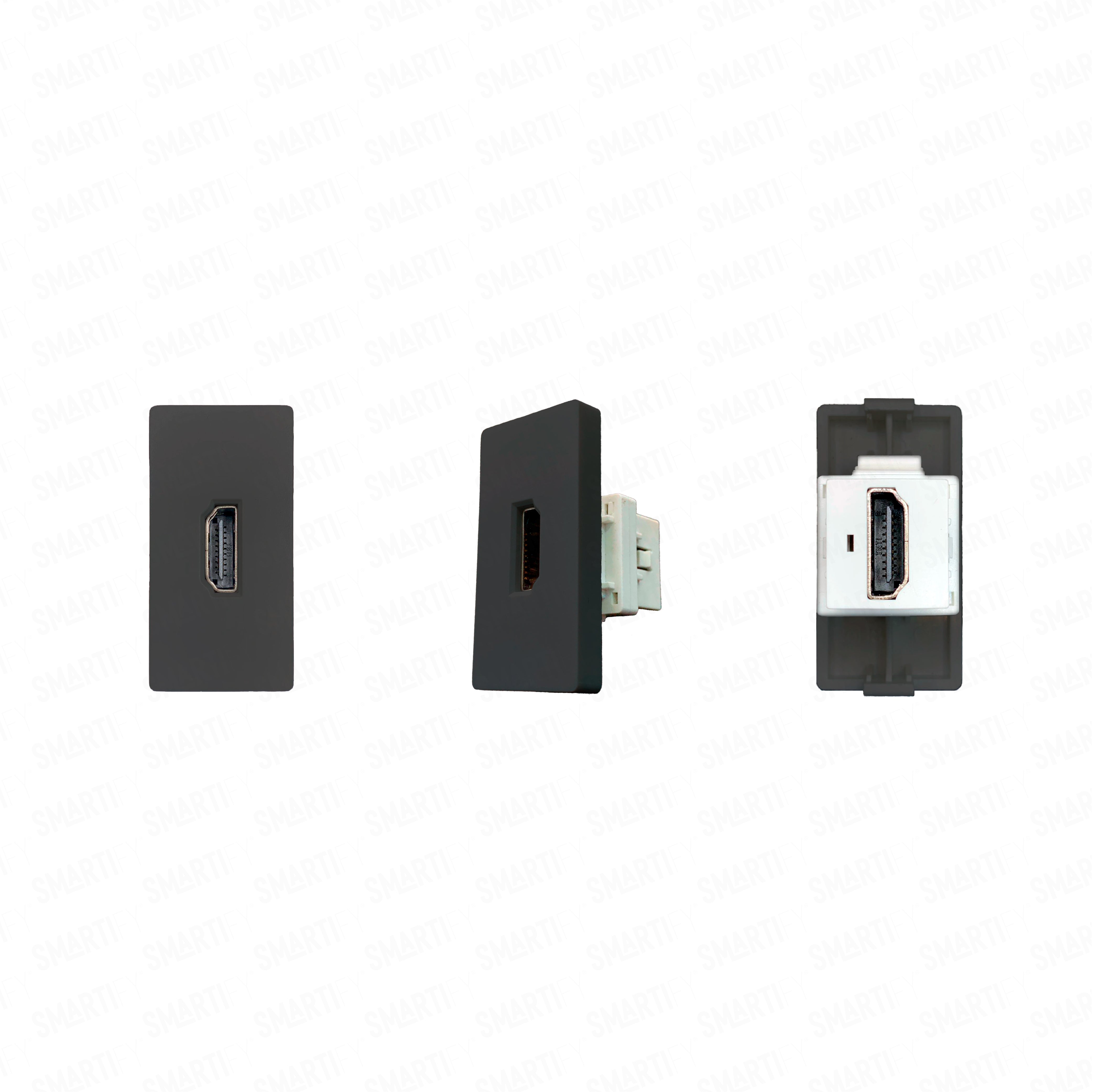 Smartify vPRO Meio Módulo HDMI Preto – imagem exibindo três ângulos do dispositivo, destacando seu design compacto.