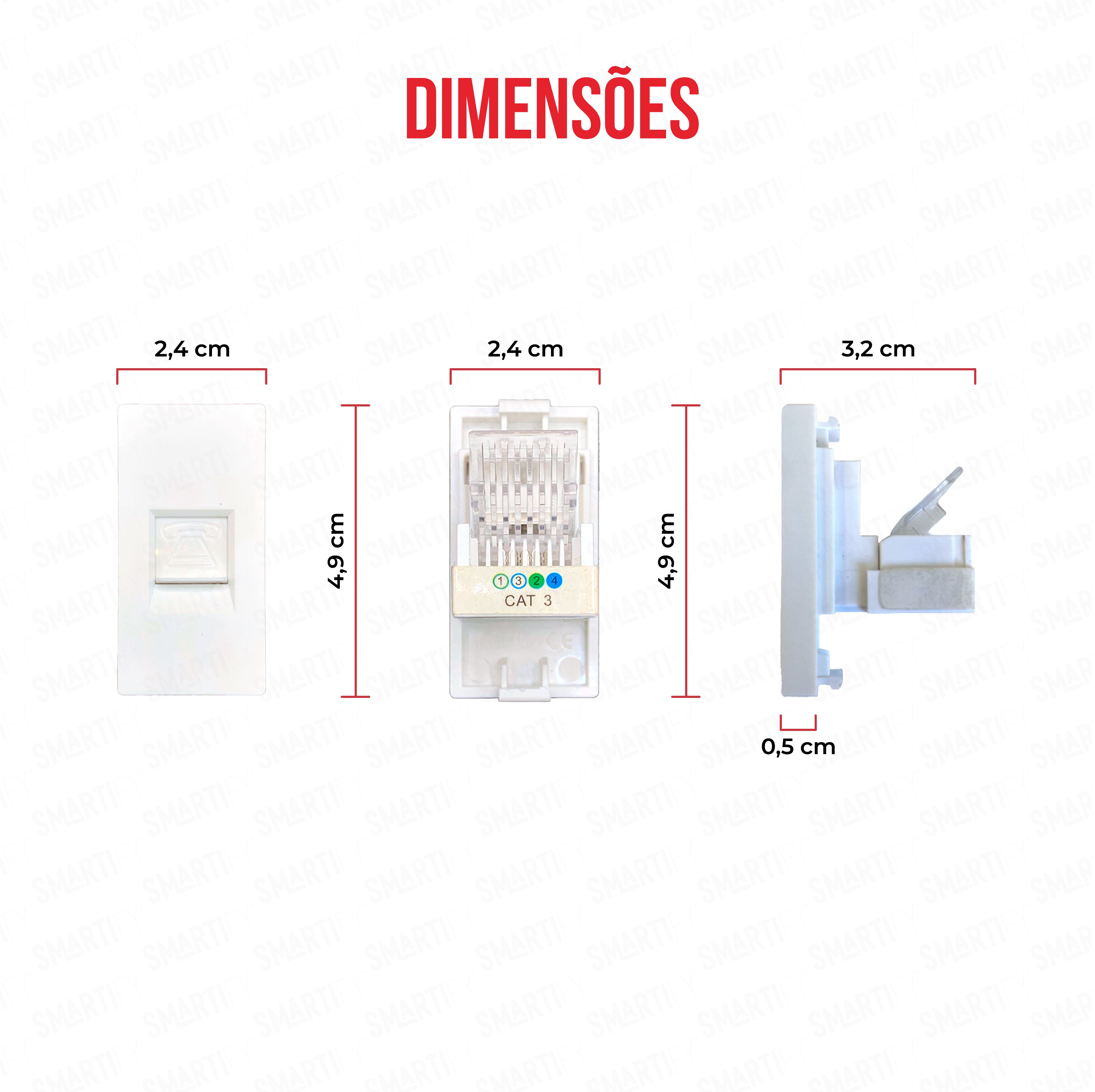 Smartify vPRO Meio Módulo de Telefone Branco - imagem exibindo as dimensões do produto, destacando seu design compacto.