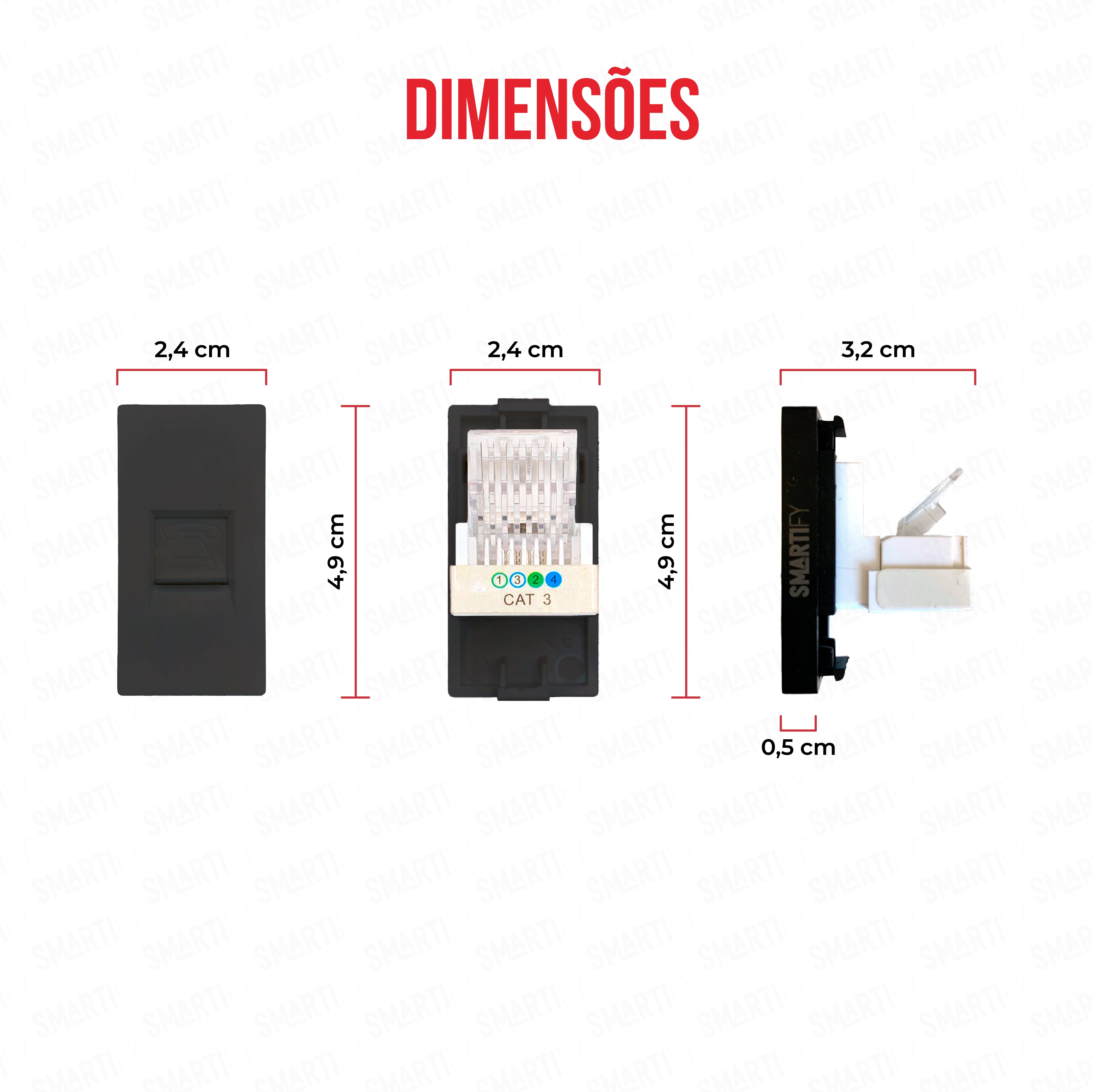 Smartify vPRO Meio Módulo de Telefone Preto - imagem exibindo as dimensões do produto, destacando seu design compacto.