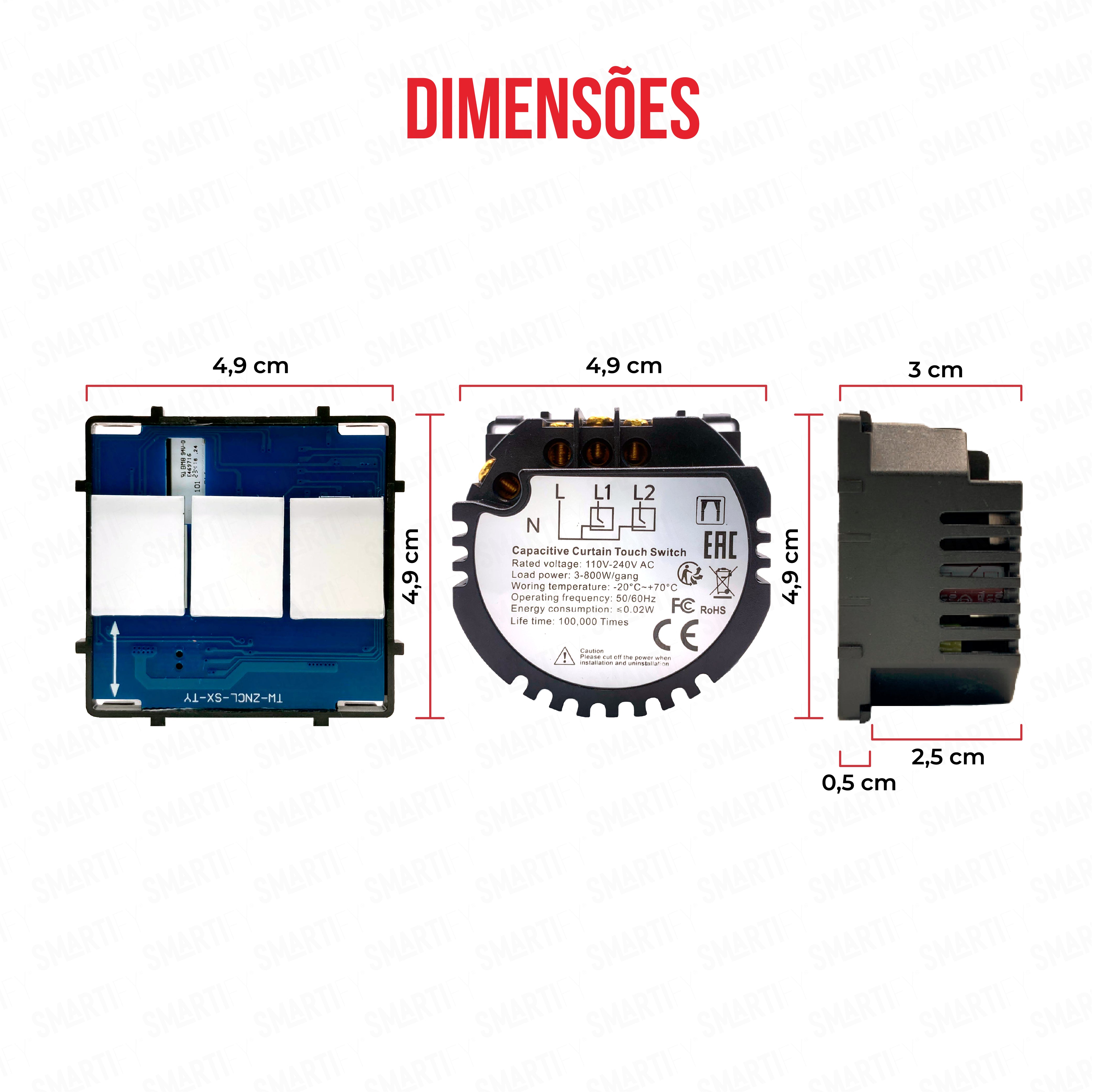 Smartify Módulo de Estores com neutro Visão – imagem exibindo as dimensões do produto, destacando seu design compacto e funcionalidades para automação residencial.