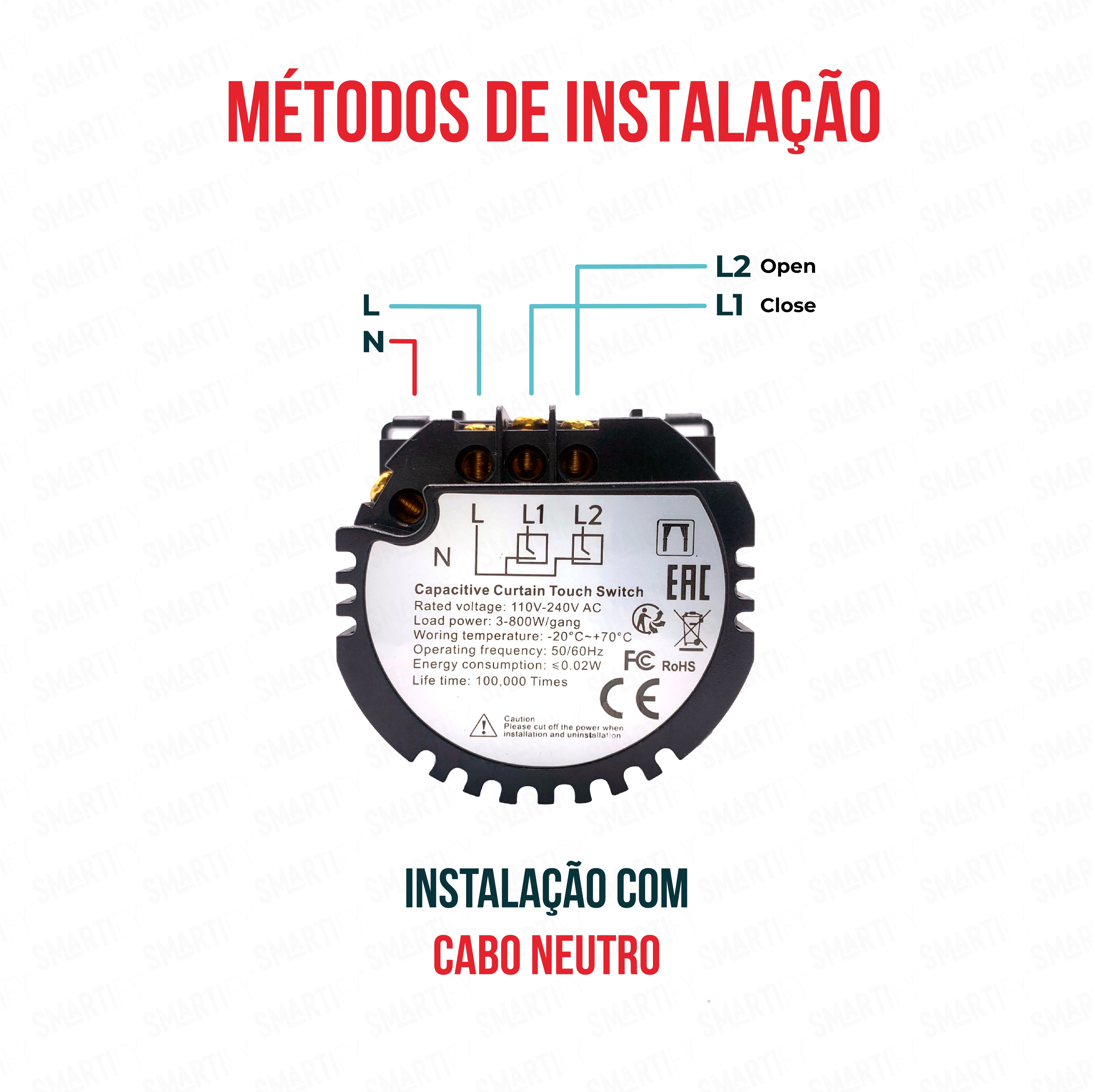 Smartify Módulo Interruptor Estores (com neutro) – imagem ilustrando o método de instalação.